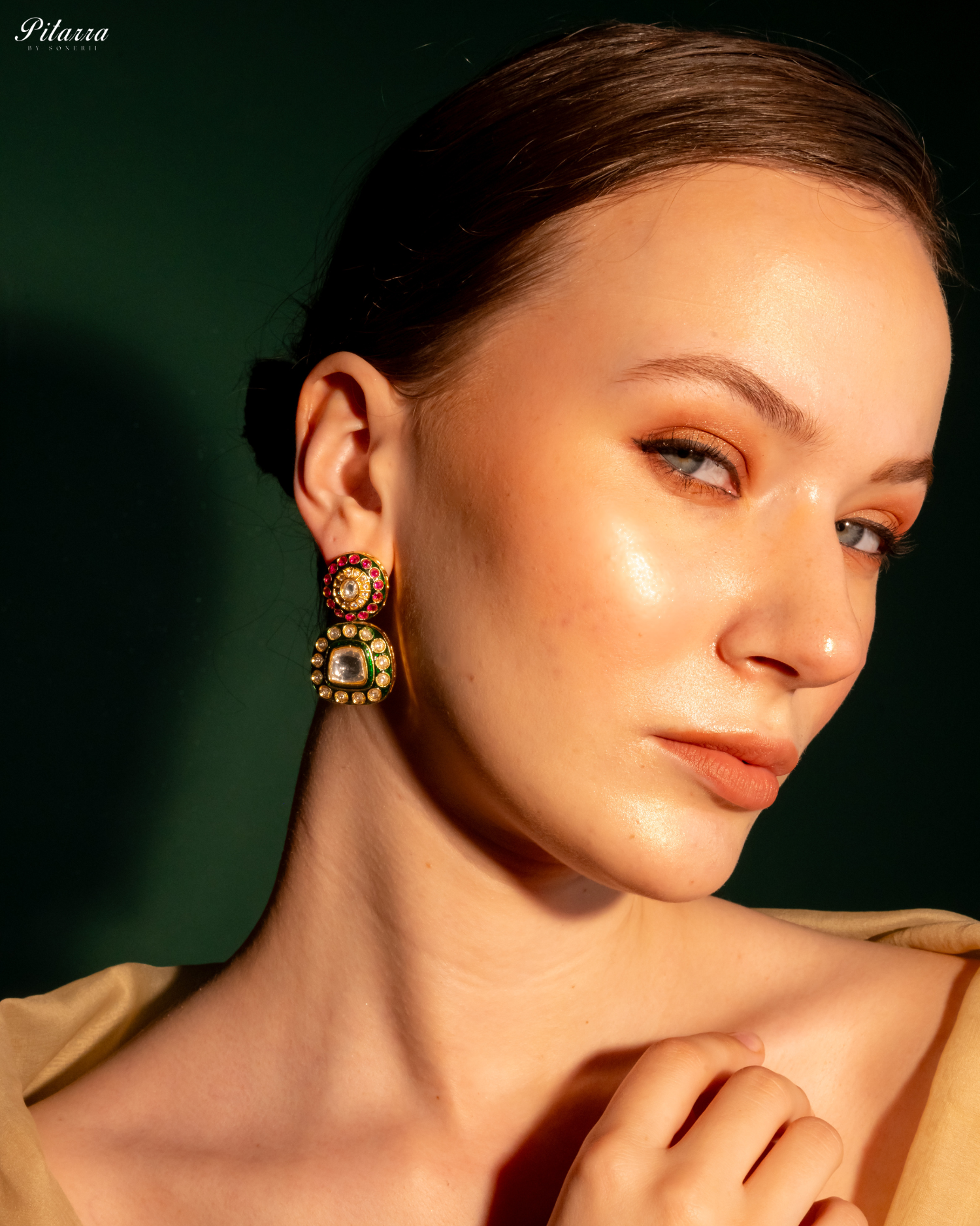 Lauren Green Square Polki Earrings Set_SIde 