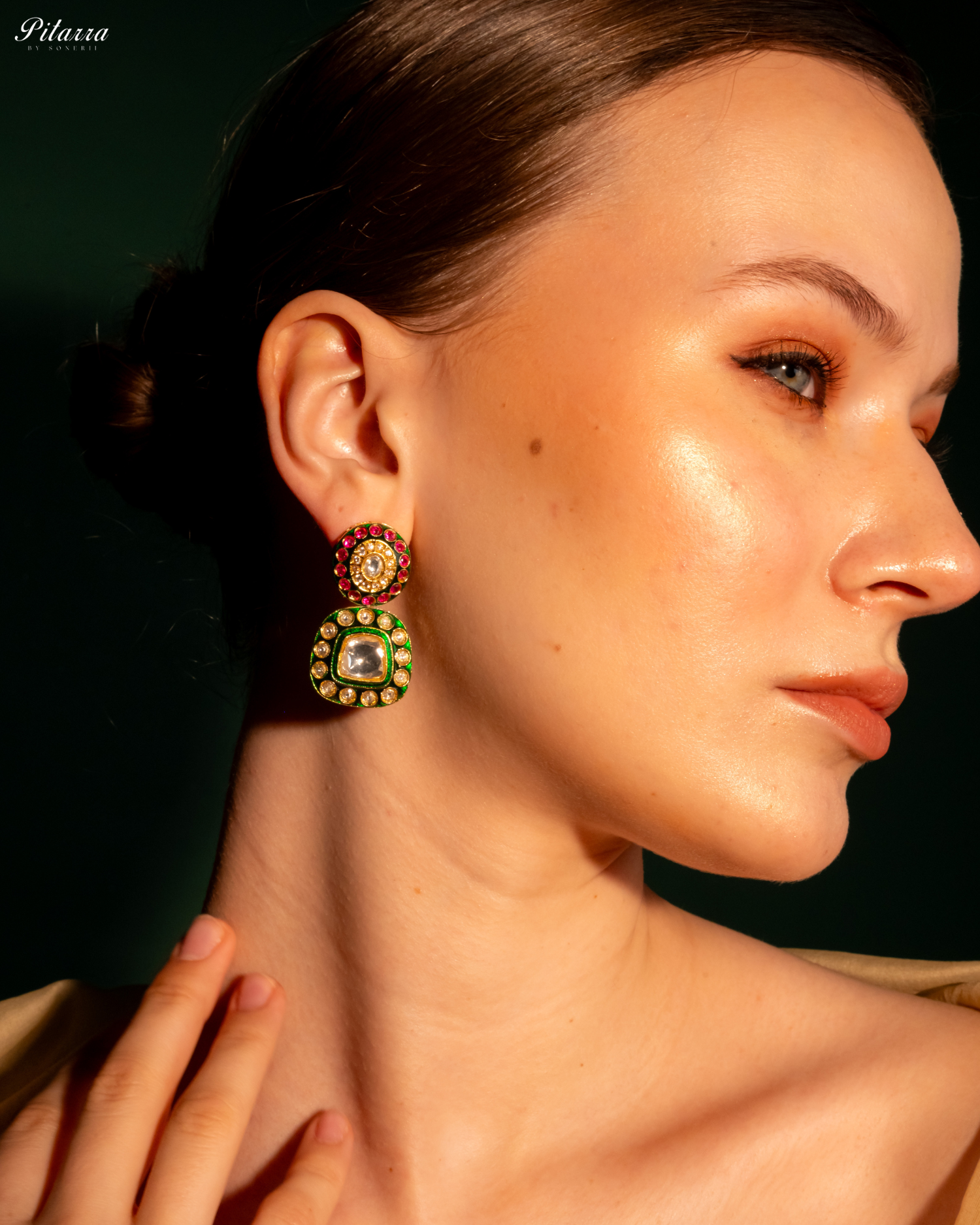 Lauren Green Square Polki Earrings Set_SIde Pose