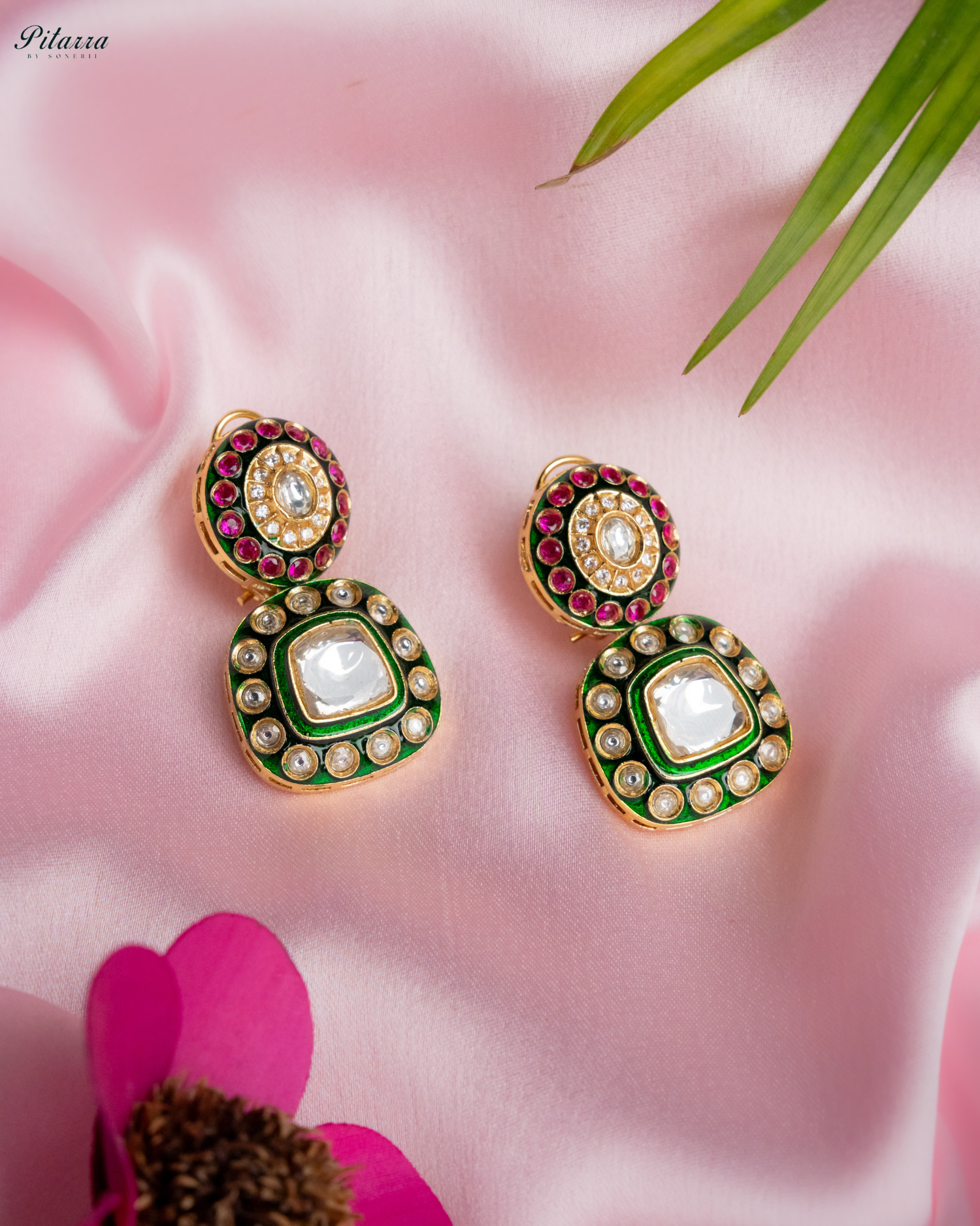 Lauren Green Square Polki Earrings Set_Side Angle