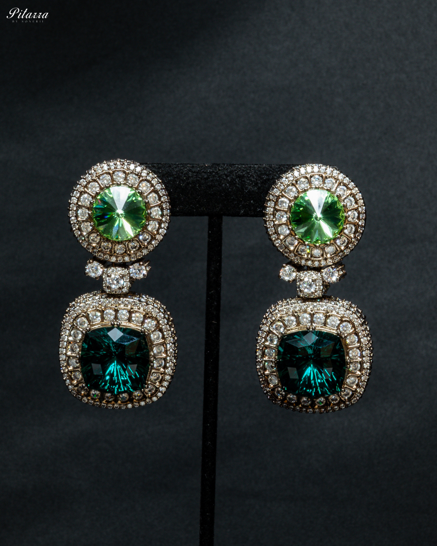 Long Green Stone Cubic Zirconia Necklace Set_Earrings