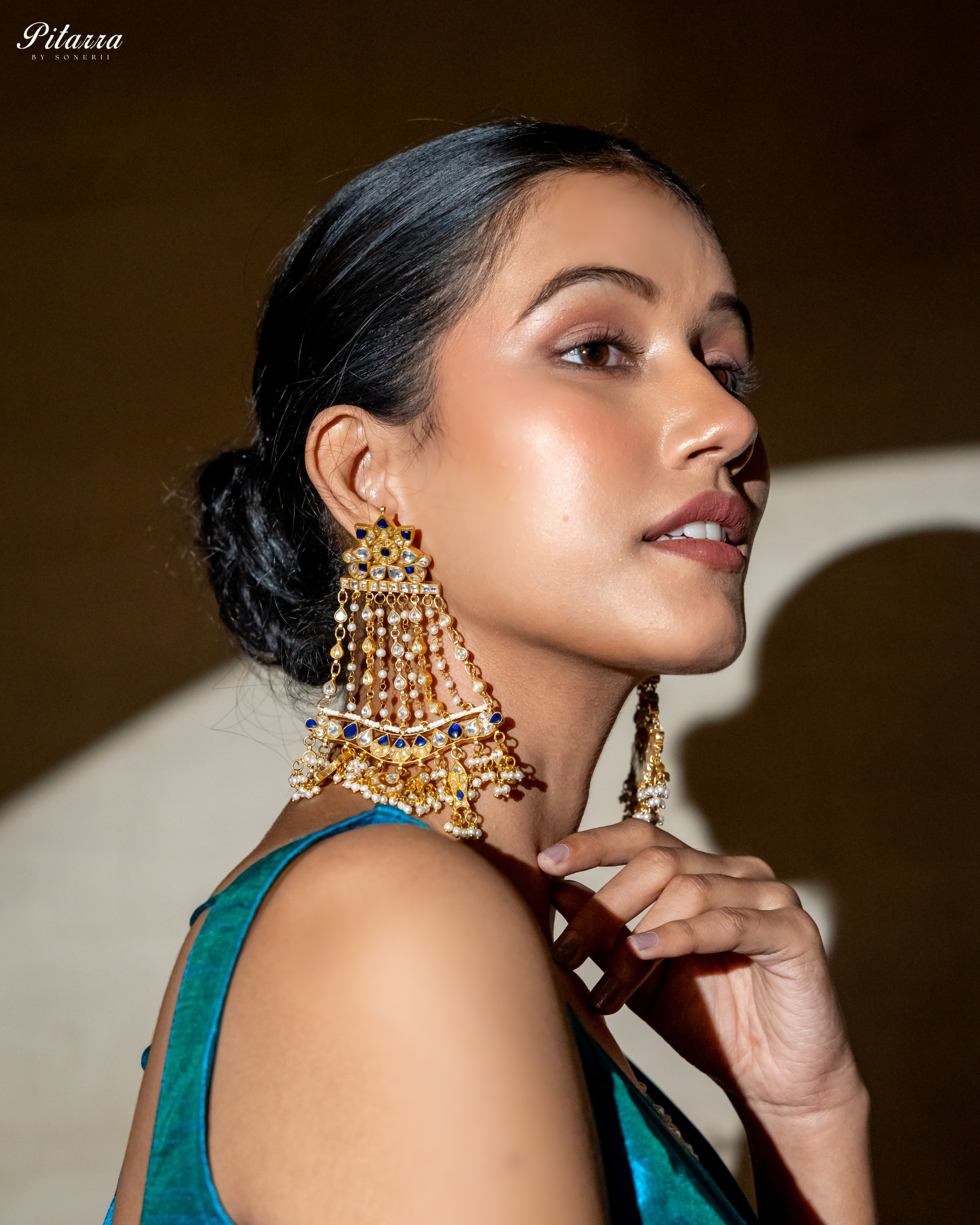 Long Kundan Passa With Pearl Drops Traditional Kundan Earrings Side Model Shoot