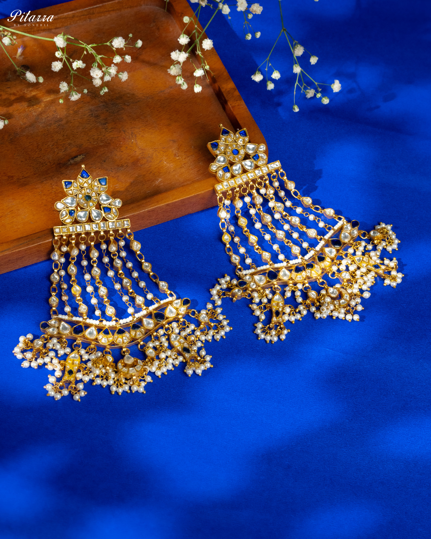 Long Kundan Passa With Pearl Drops Traditional Kundan Earrings Style Shoot Blue Shoot