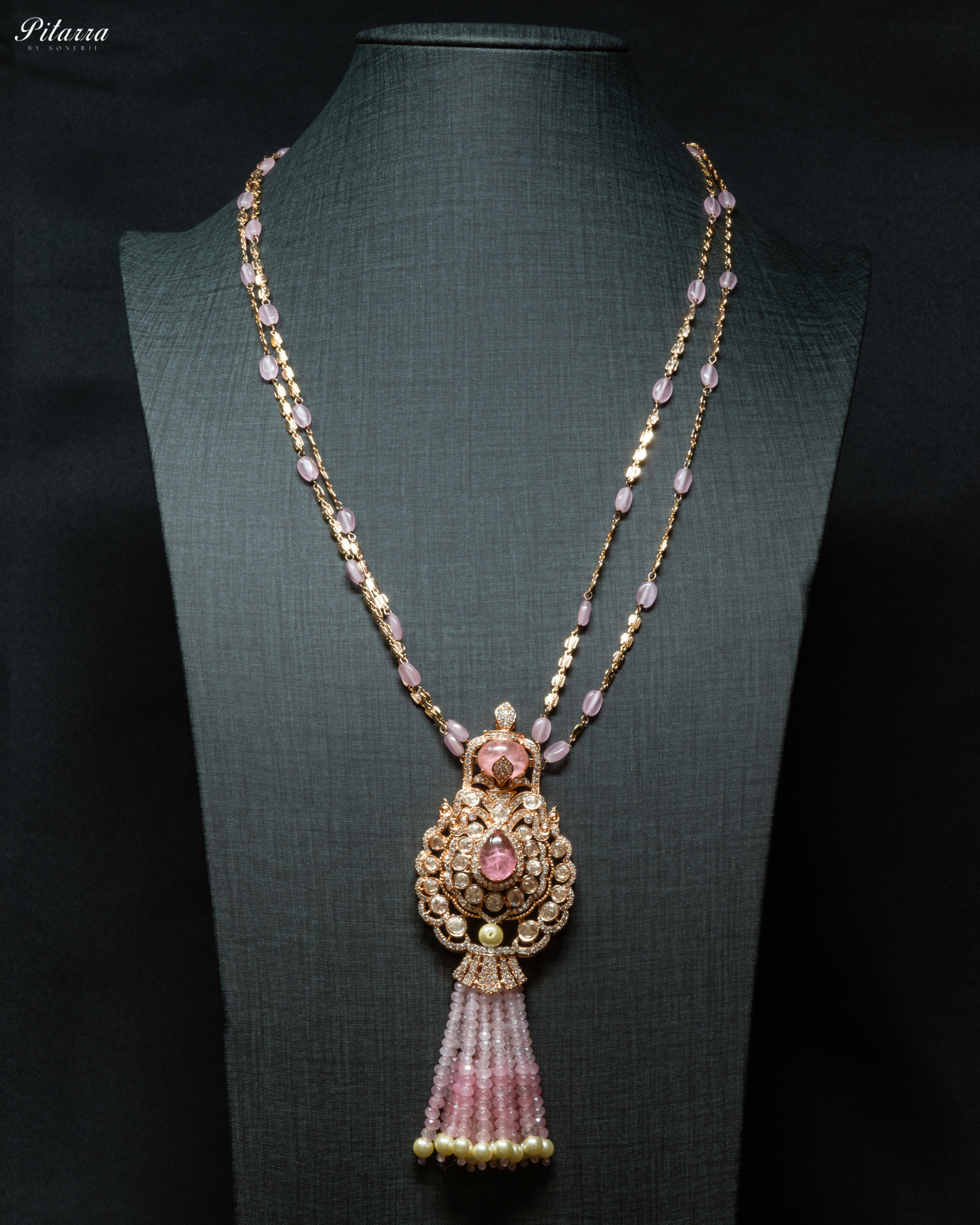 Long Pink Beads Kundan Necklace Set_Front Image