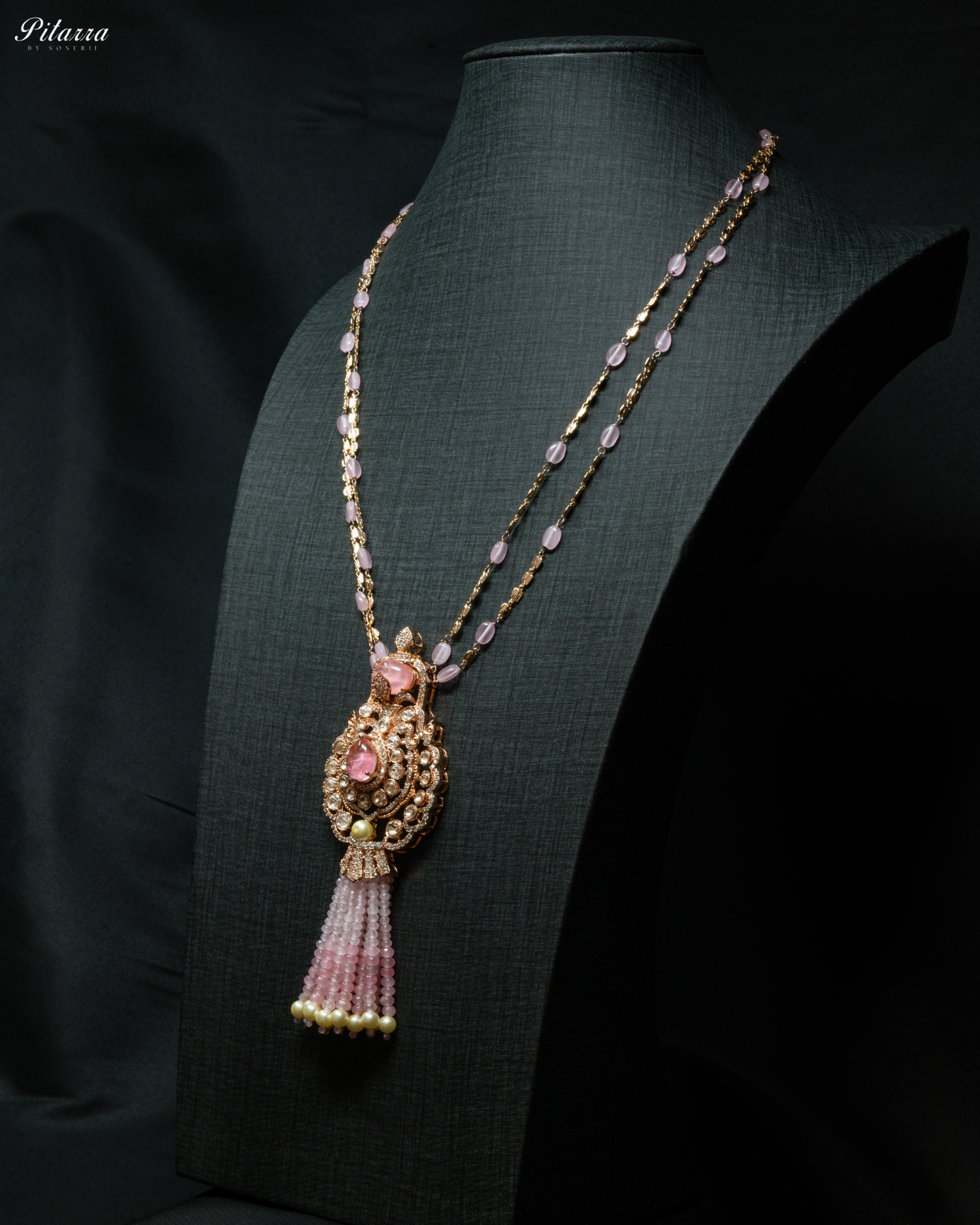 Long Pink Beads Kundan Necklace Set_Side Angle
