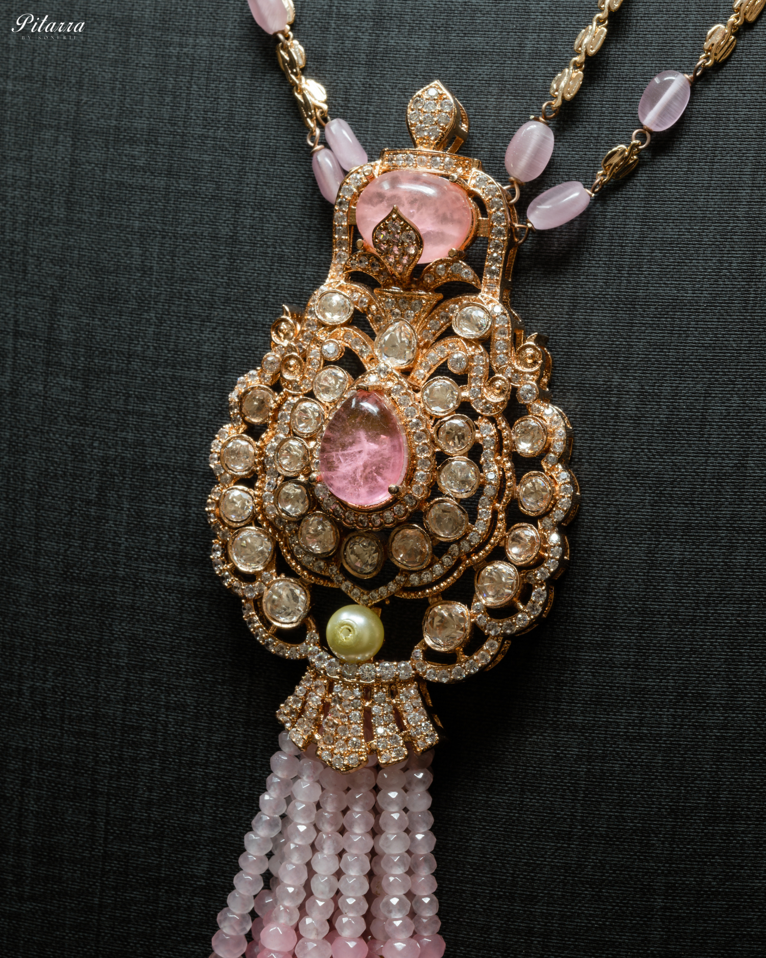 Long Pink Beads Kundan Necklace Set_Zoom 