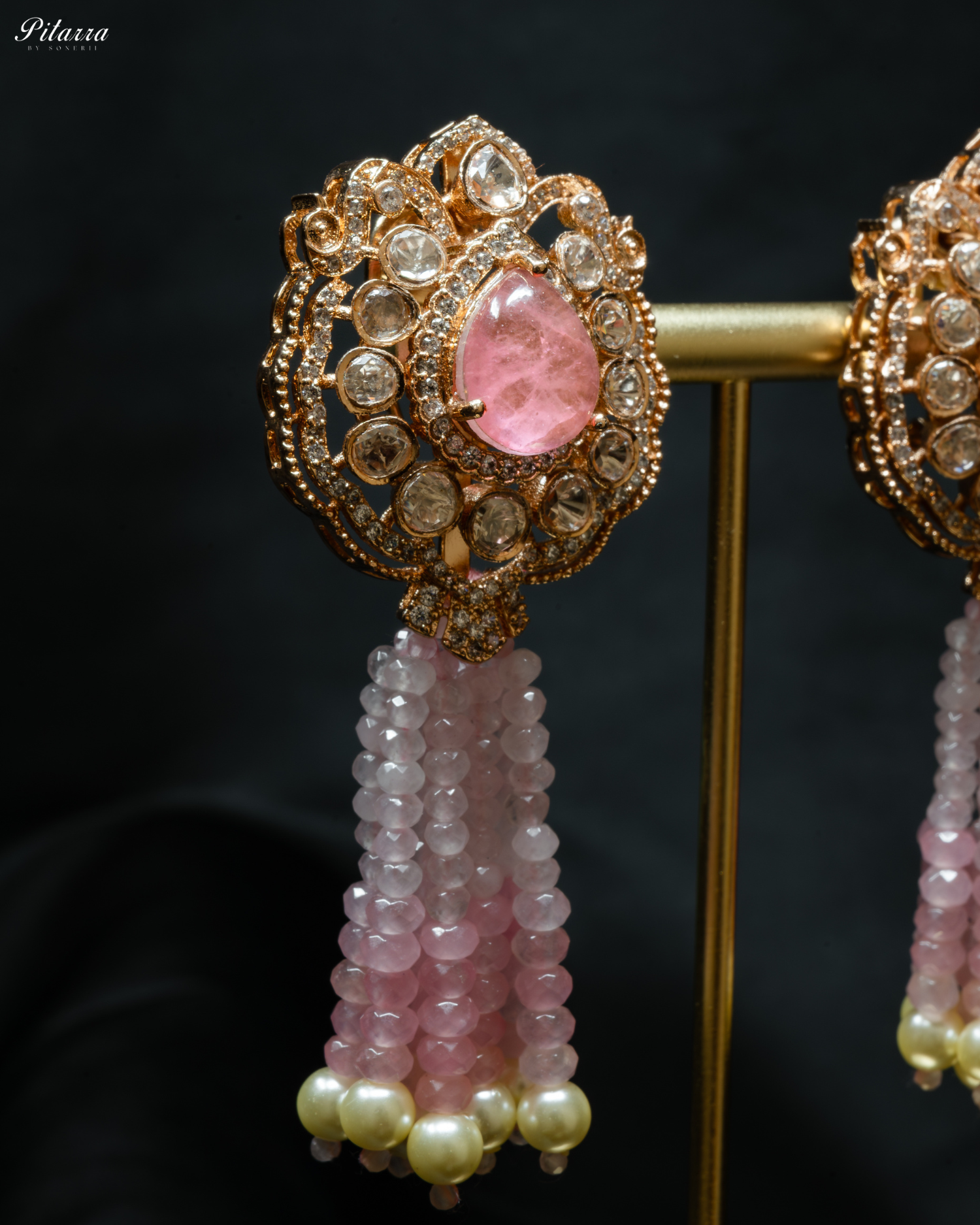 Long Pink Beads Kundan Necklace Set_Zoom Earrings Image