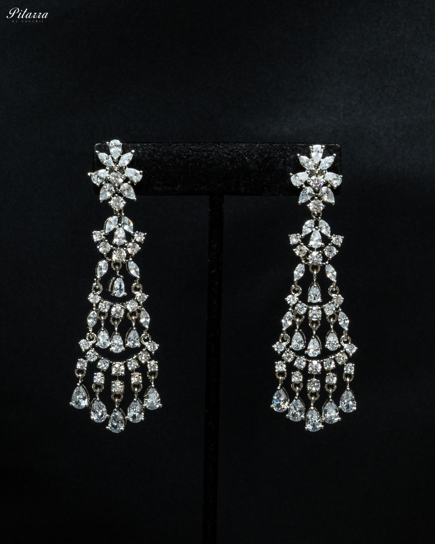 Long Silver Finish CZ Crystal Dangle Earrings_Front Image