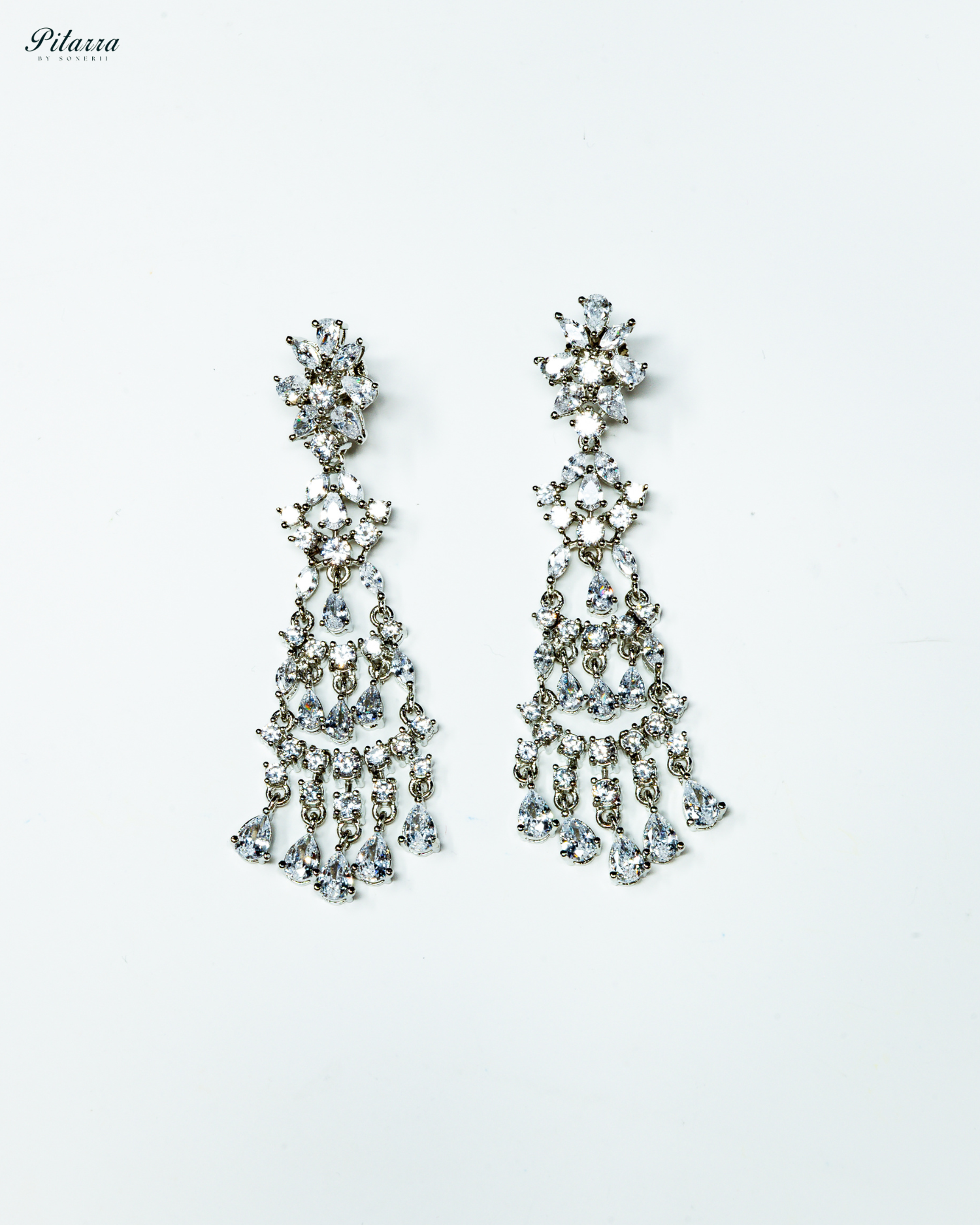Long Silver Finish CZ Crystal Dangle Earrings_White Background
