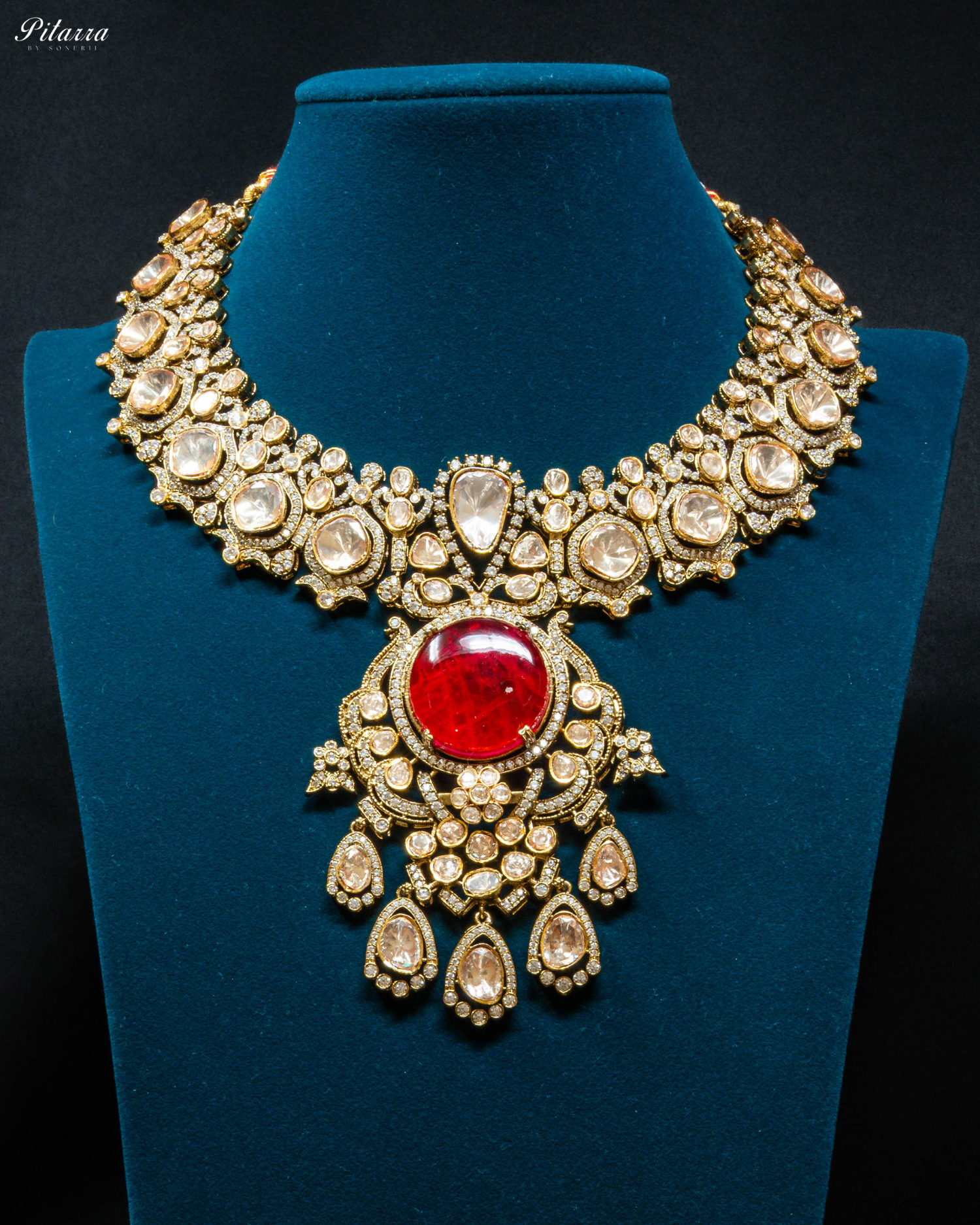 Maroon Stone Victorian Kundan Necklace Set_Front Image