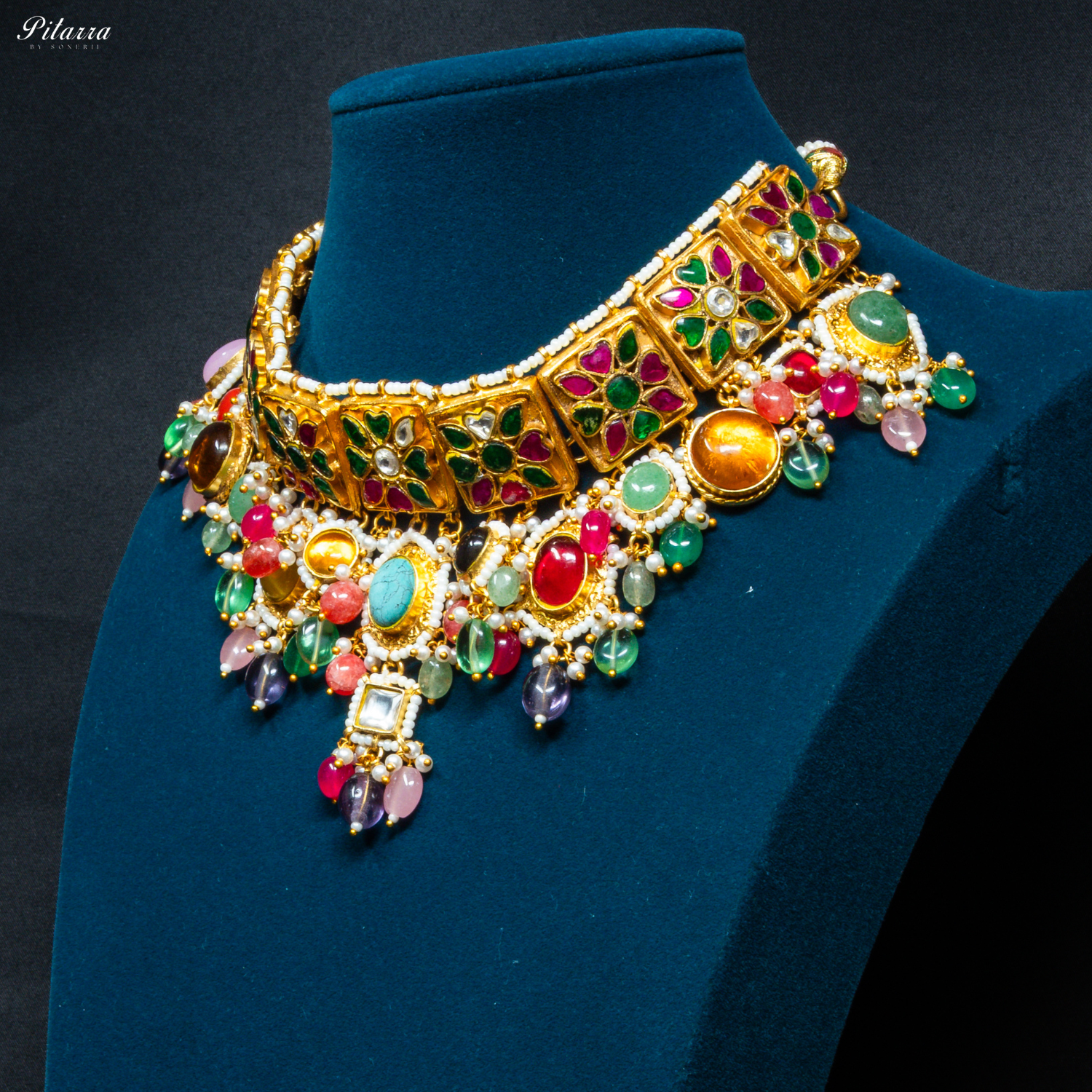 Multicolor_Stone_Studded_Golden_Choker_Set_Side Angle