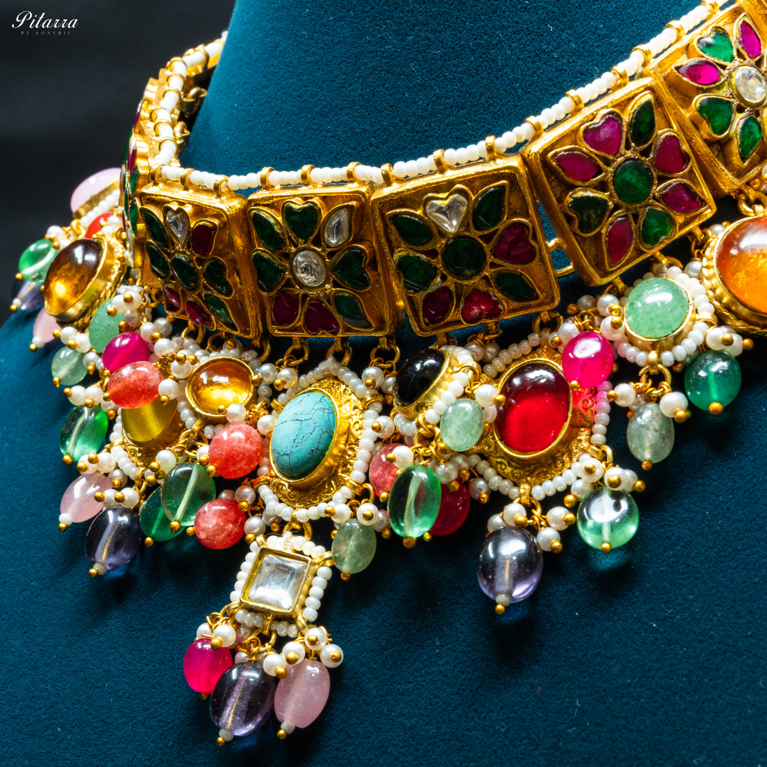 Multicolor_Stone_Studded_Golden_Choker_Set_Zoom Angle