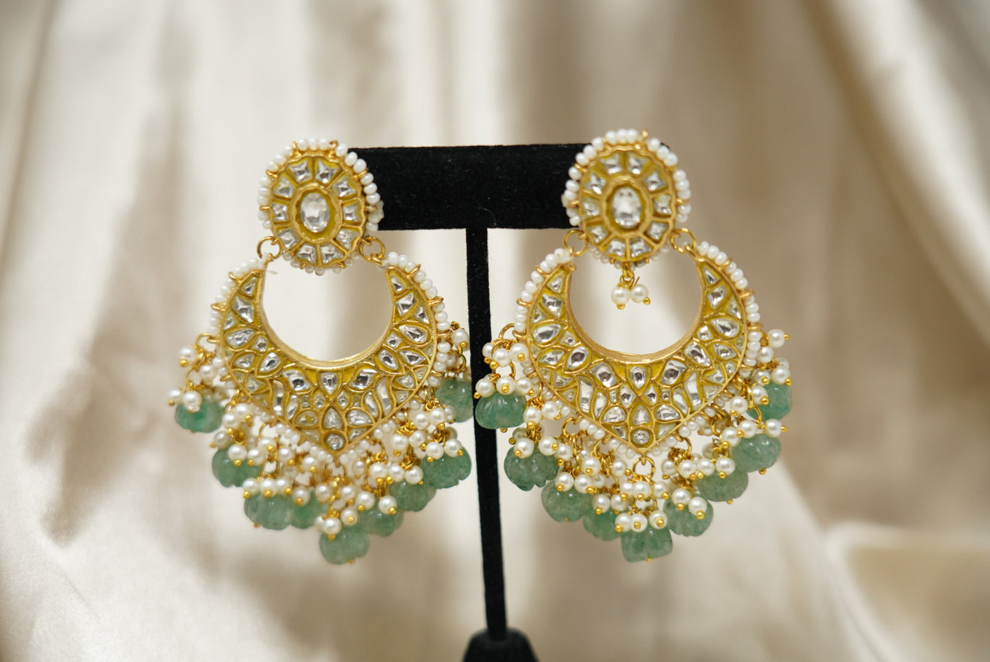 Pista Chandbali with Kundan and Pearls Earrings