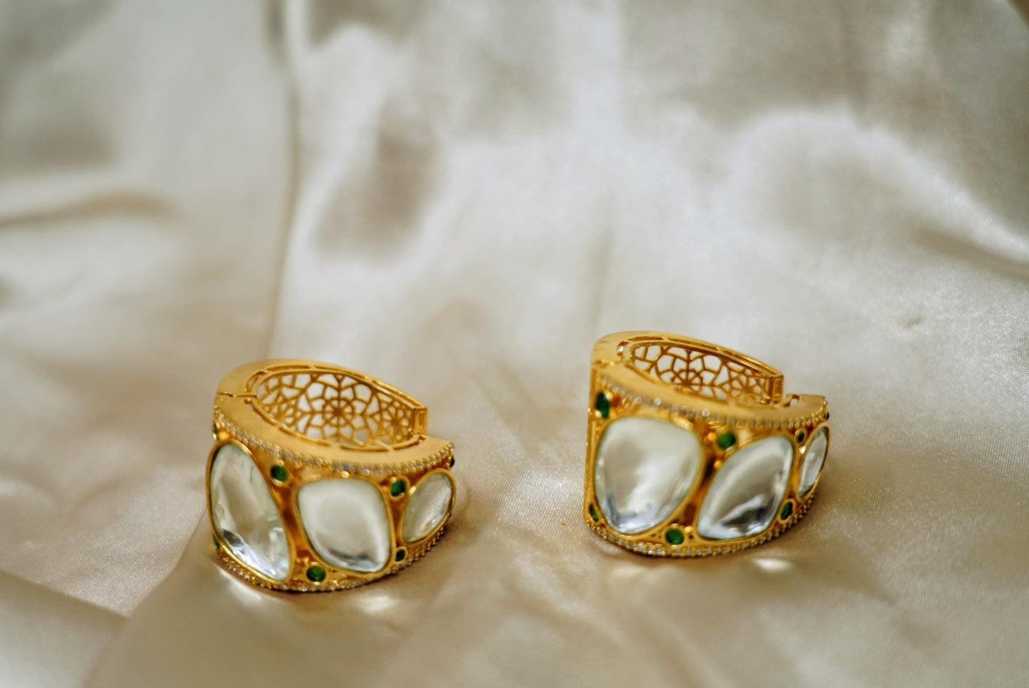 Gold-Plated Classic Kundan Hoop with Green Freck Earrings