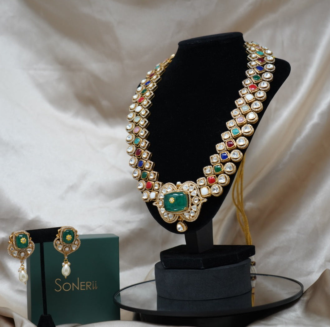 Elegant Gold Plated Green Kundan Necklace Set