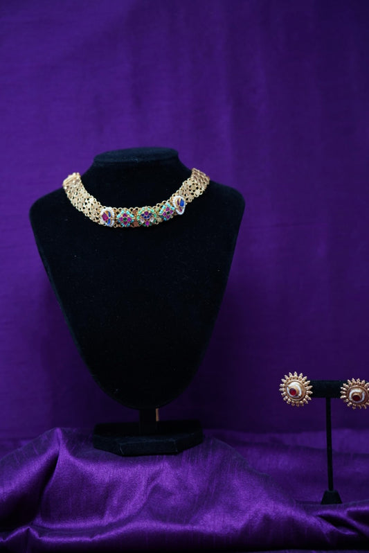 Golden Multi Color Fancy Chocker Necklace Set