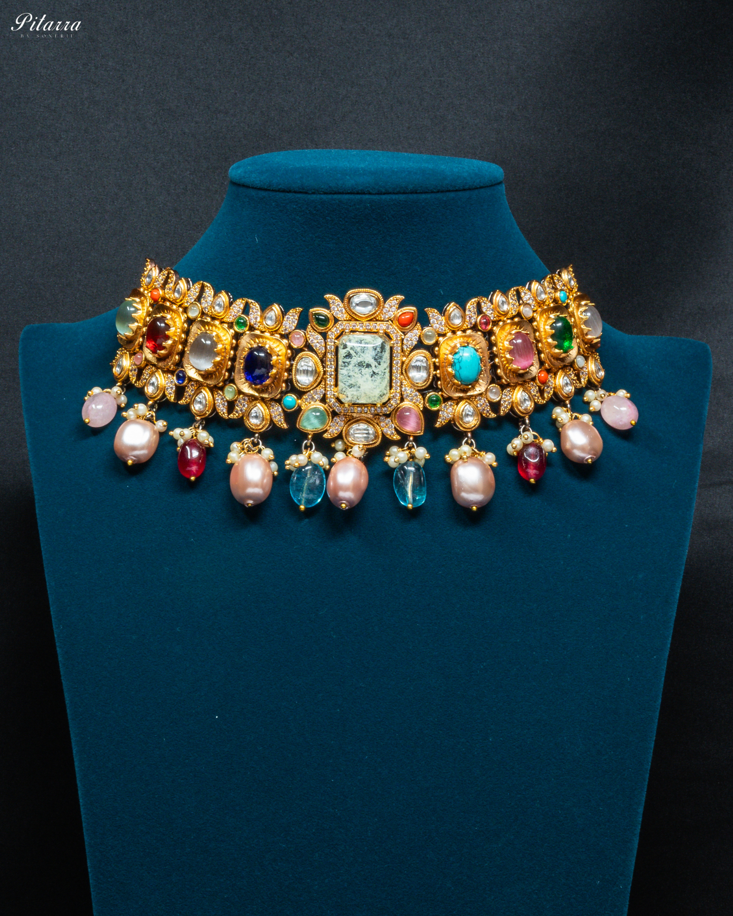 Navratana with White Doublet Centre Stones Choker Set_Front Image