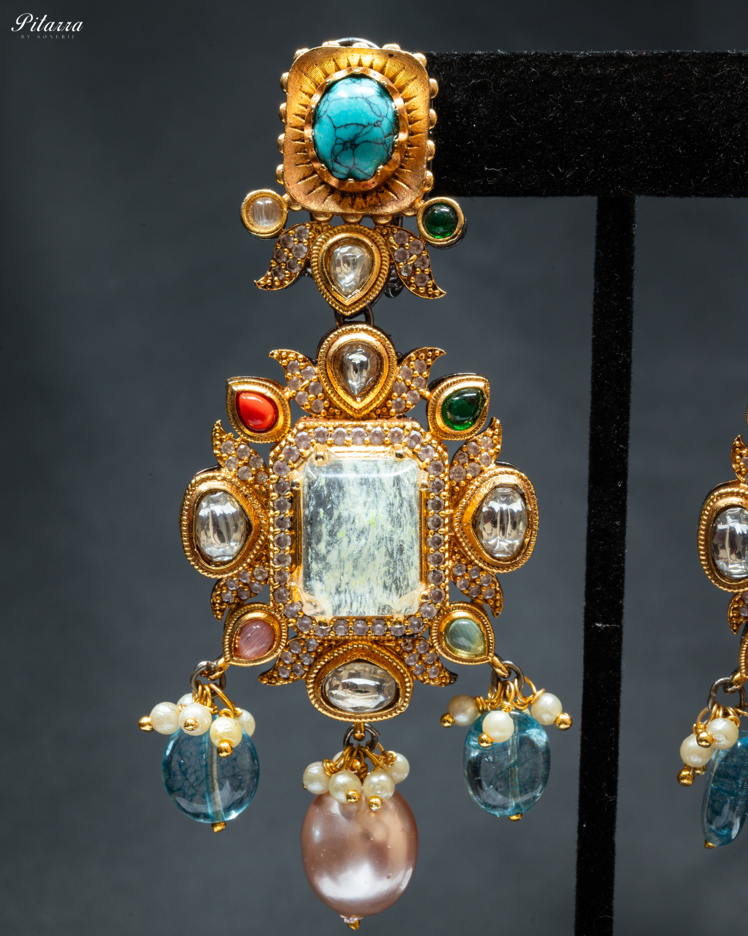 Navratana with White Doublet Centre Stones Choker Set_Zoom Earrings