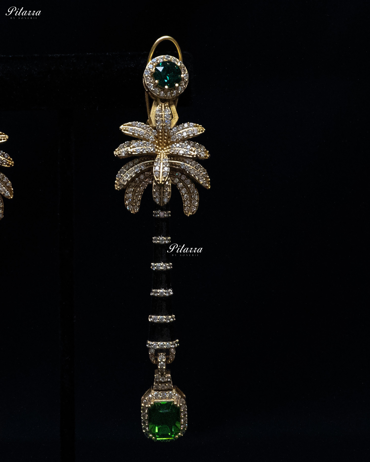 Navy Blue and Emerald Stone Palm Tree Crystal Earrings 2