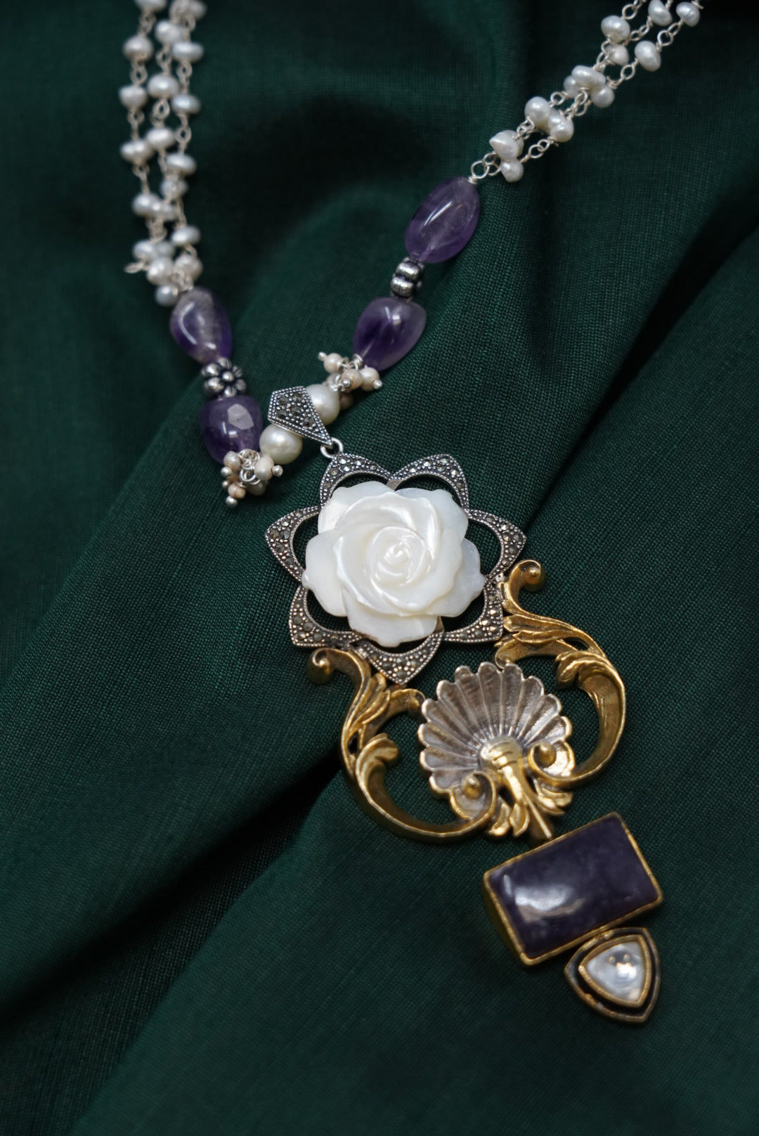 White & Purple Motif Long Necklace