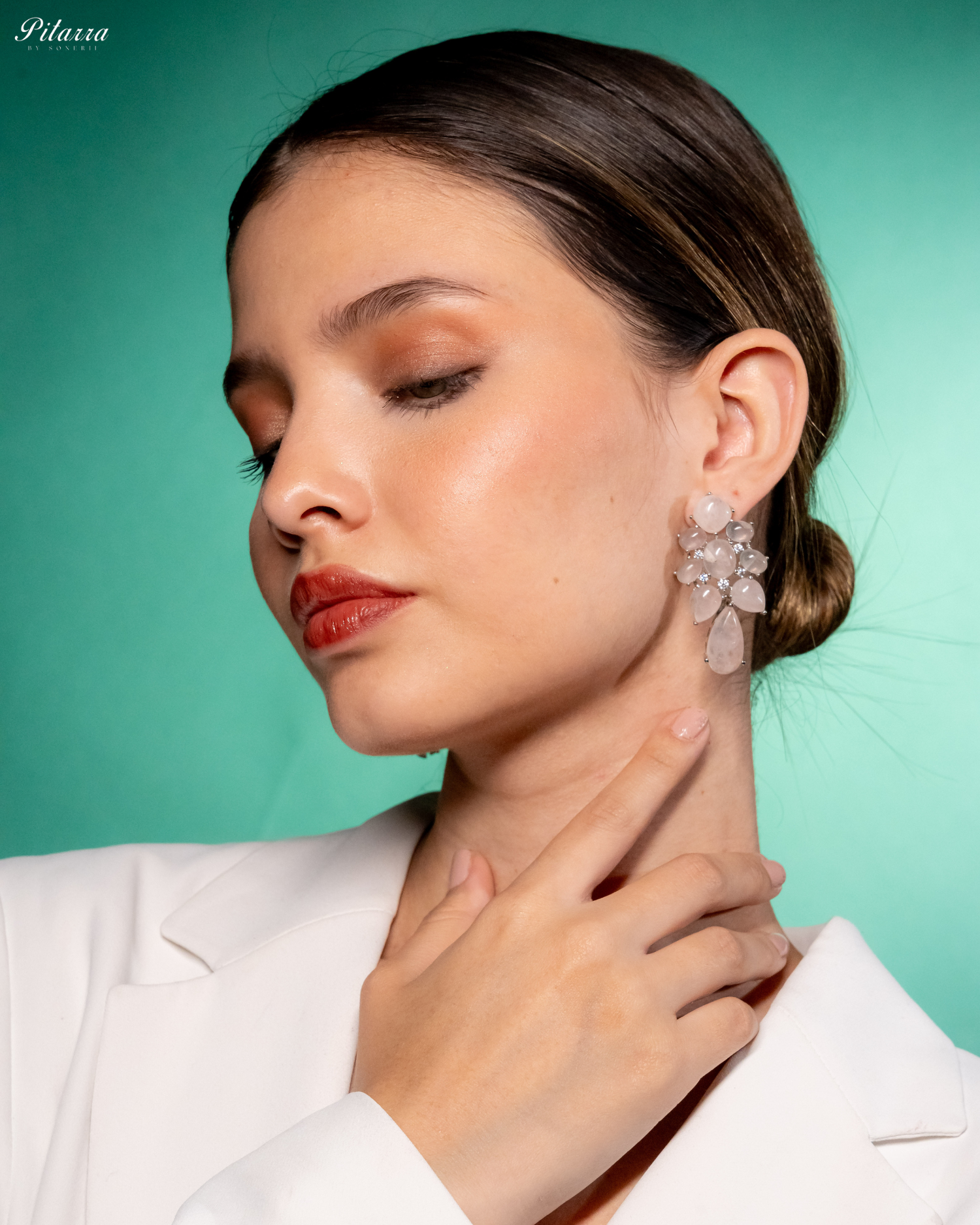 Peach Doublet Drop Earrings_Side Pose