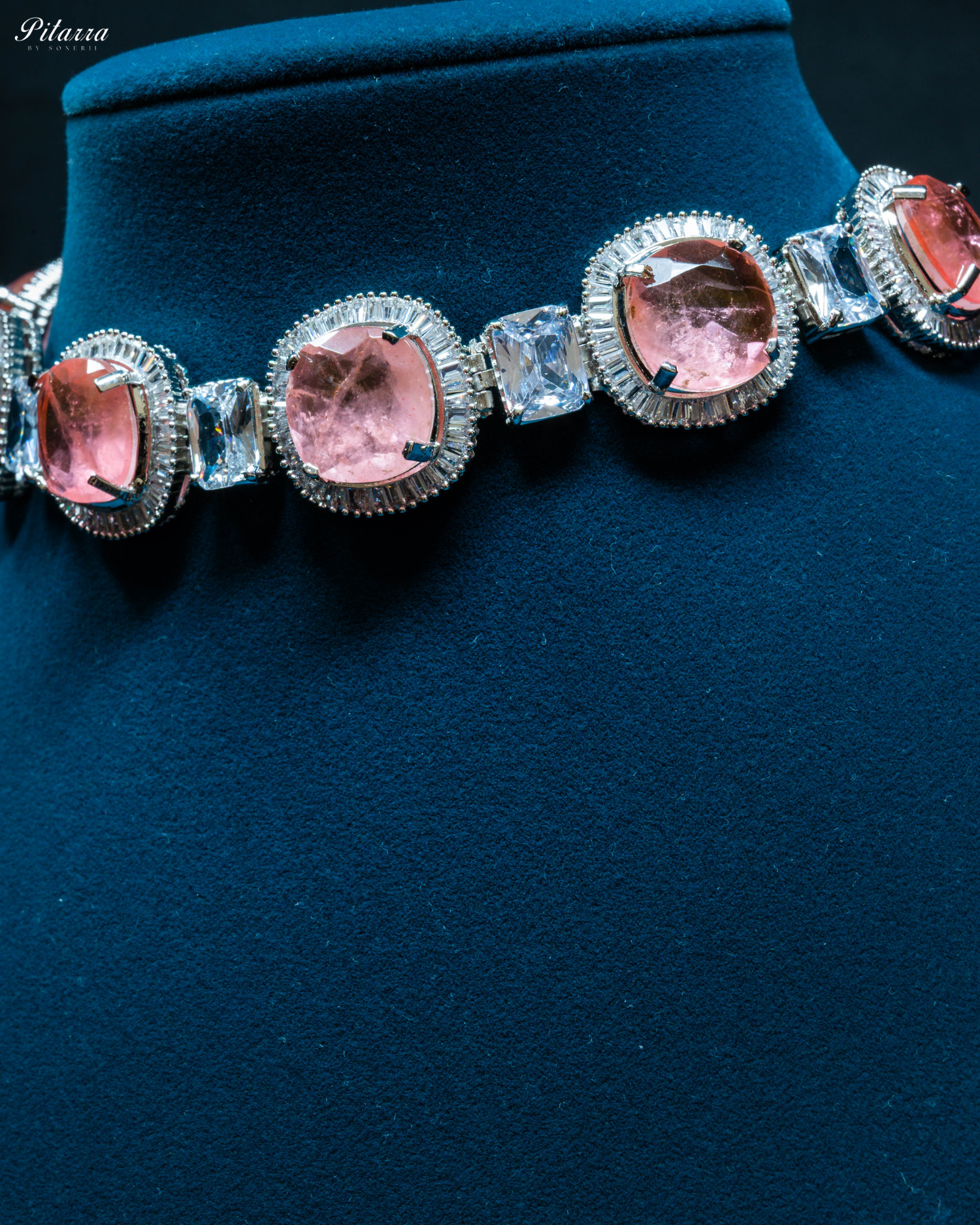 Peach Stone Silver CZ Choker Necklace Set_Zoom Angle
