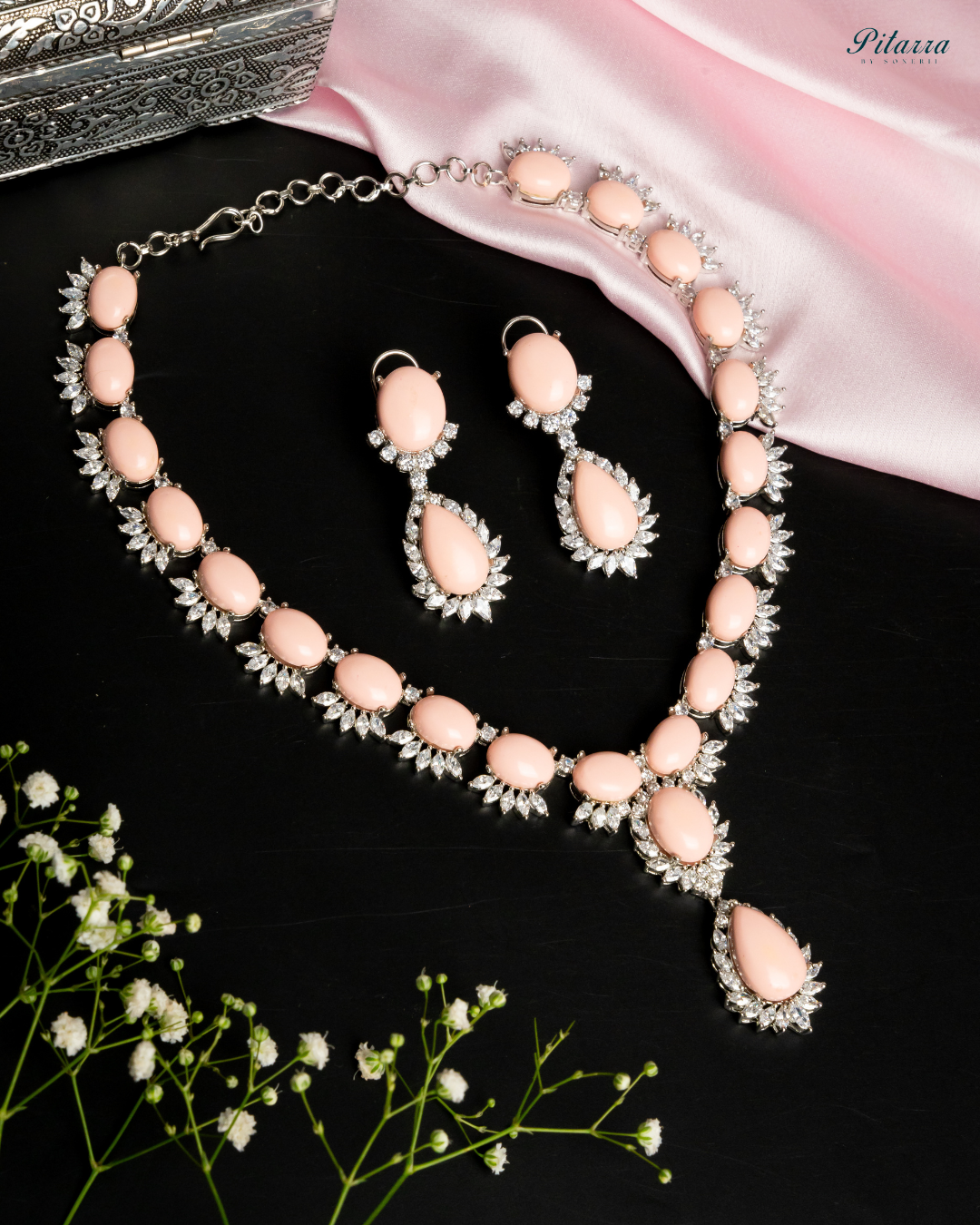 Peach Zircon Silver Necklace Set_Image