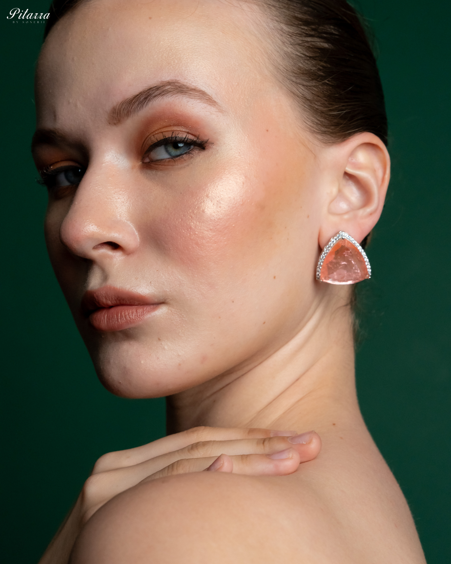 Peachy Pink Colored Stone CZ Earrings_Side Angle