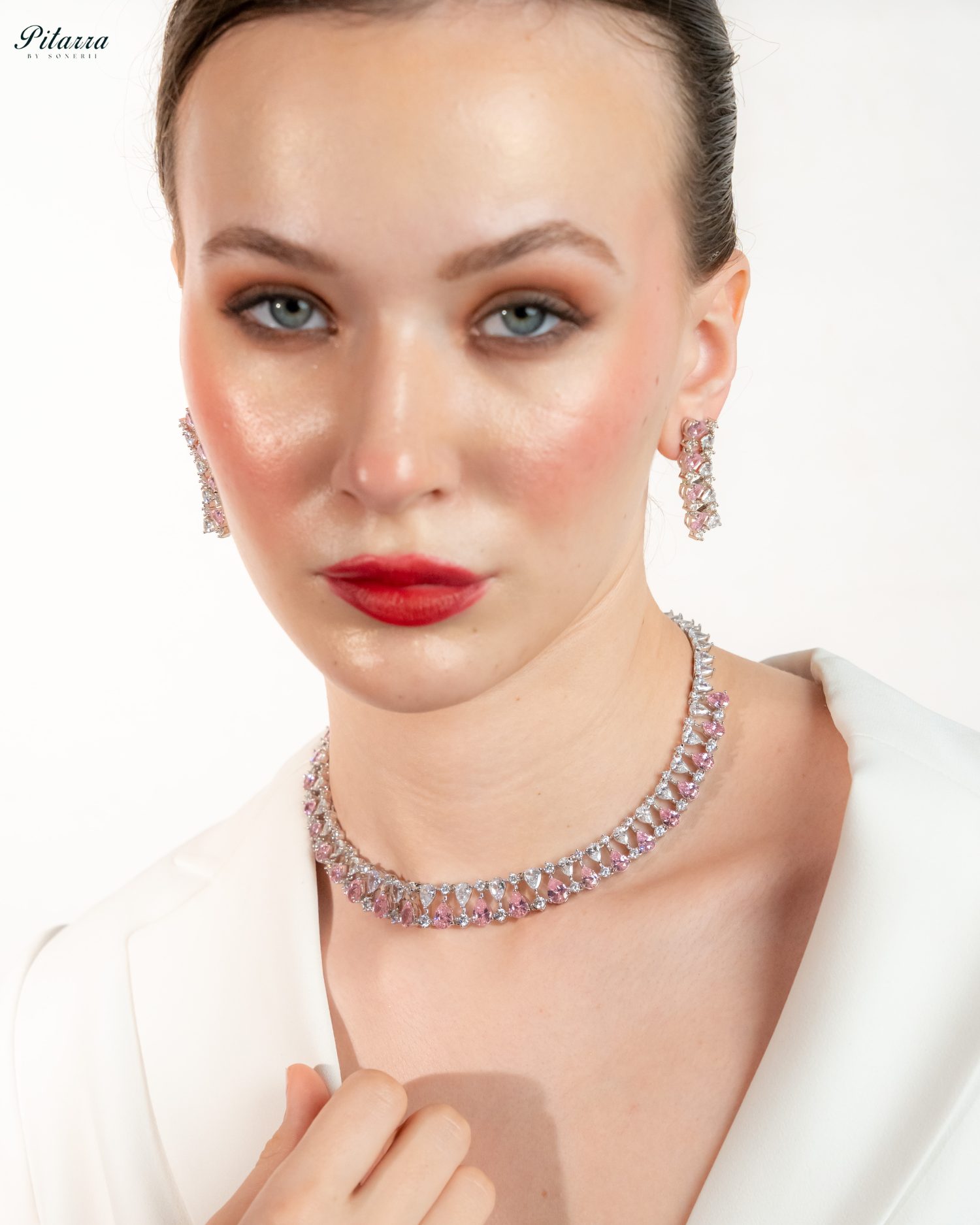 Pink Drop CZ Necklace Set_Front Pose