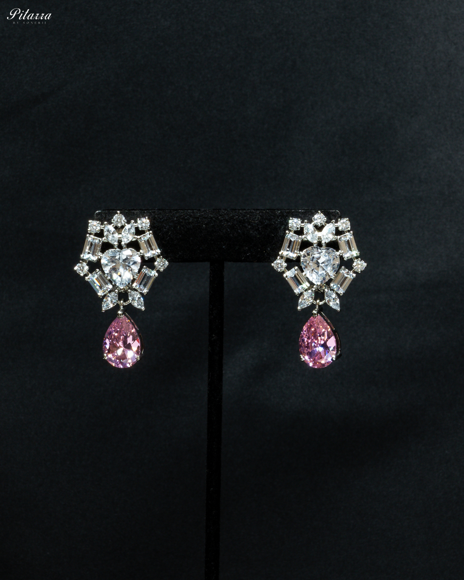 Pink Drop Cubic Zirconia Studded Necklace Set_Earrings