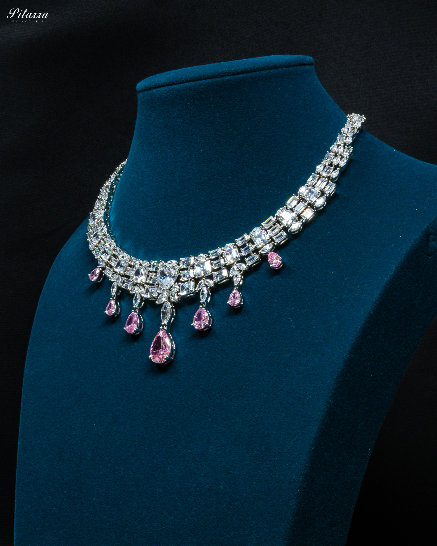 Pink Drop Cubic Zirconia Studded Necklace Set_Side Ankle