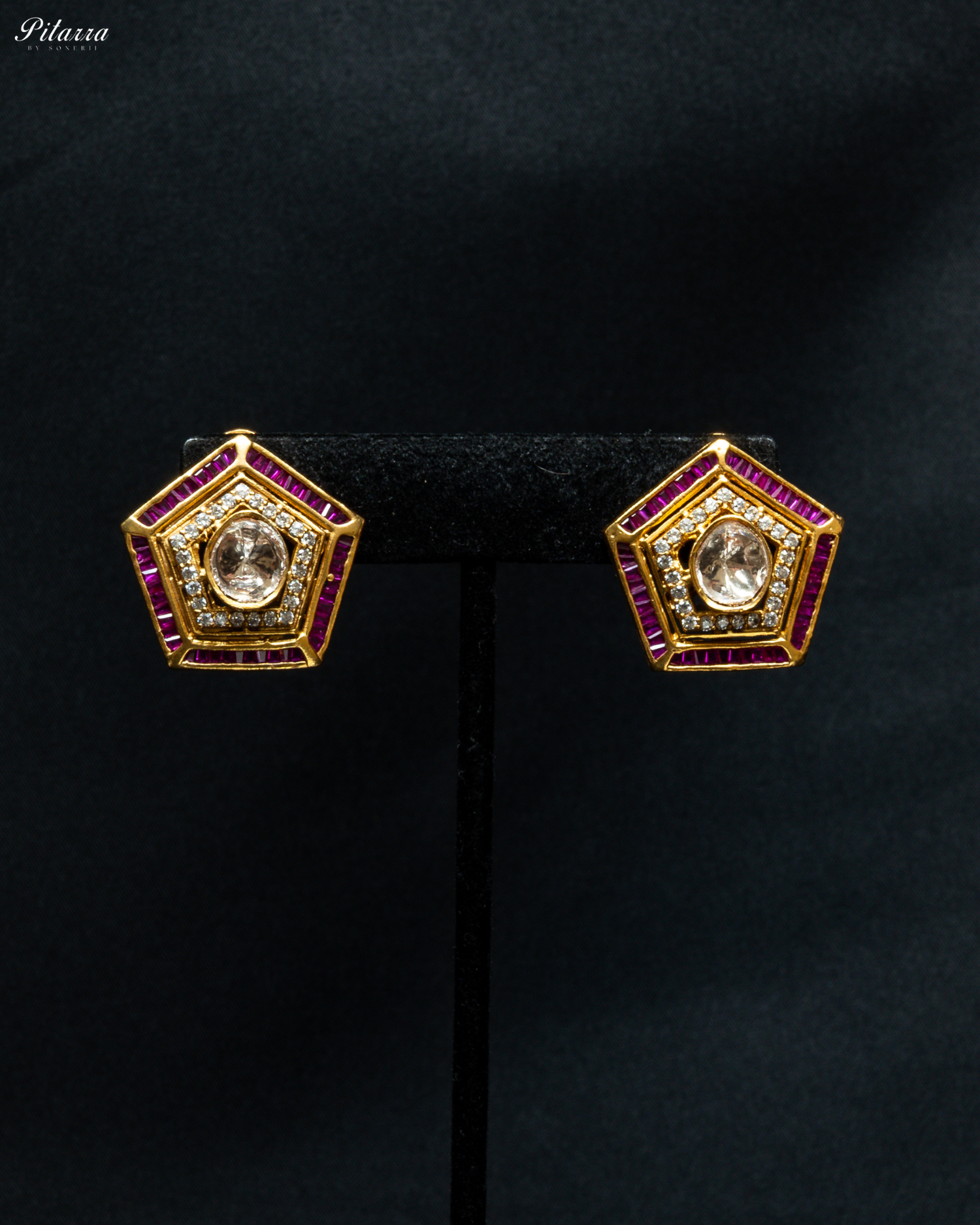 Pink Layer Gold Polki Kundan Necklace Set_Earrings