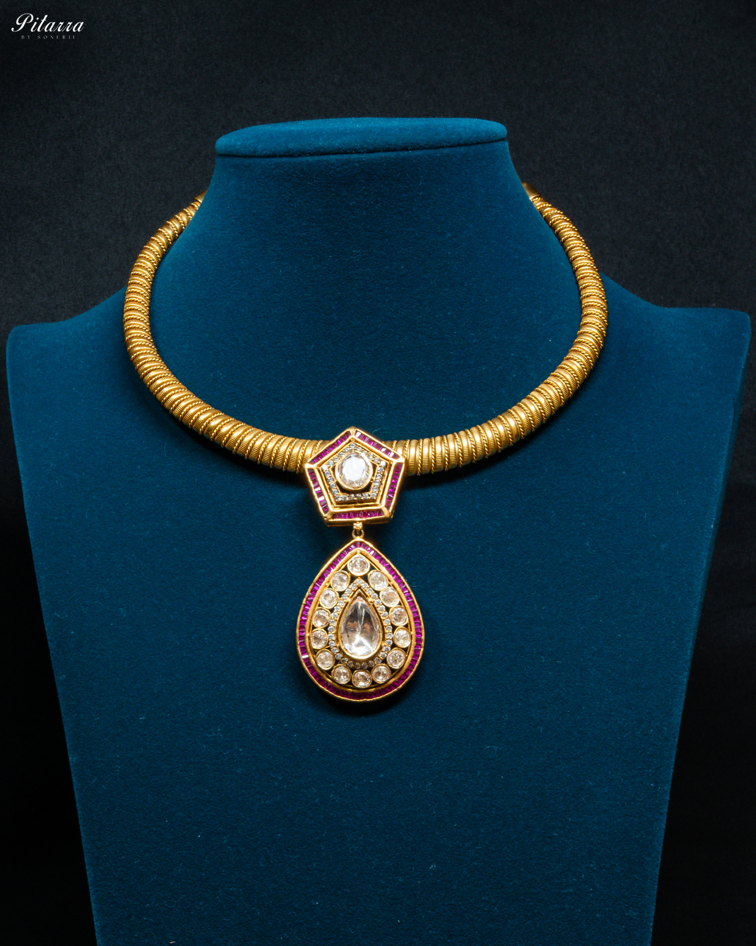 Pink Layer Gold Polki Kundan Necklace Set_Front Image