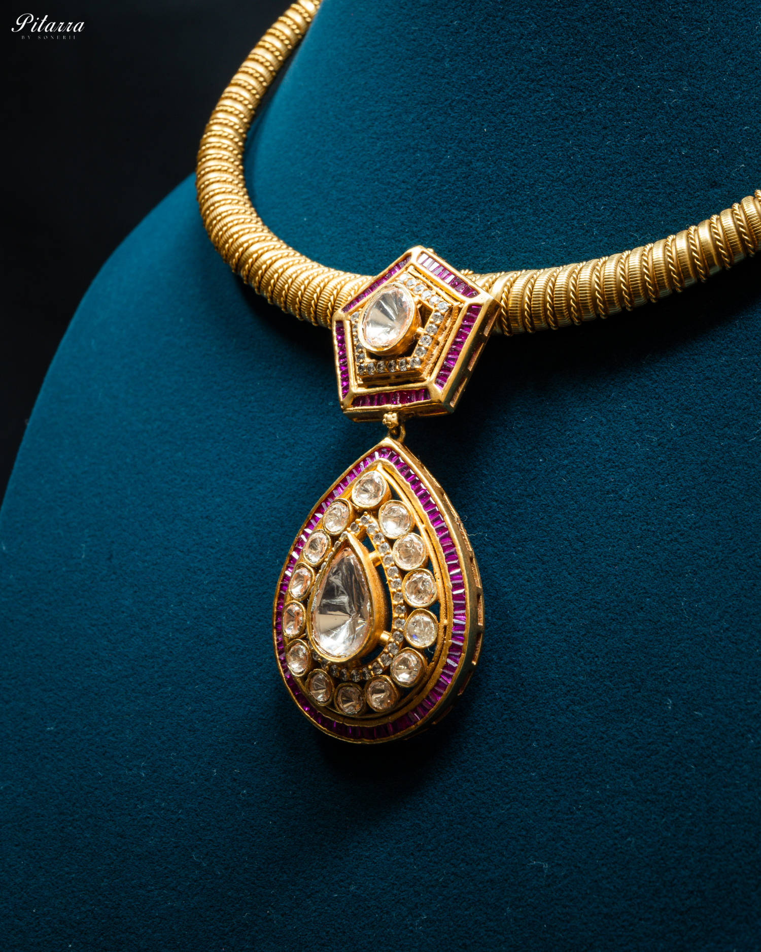 Pink Layer Gold Polki Kundan Necklace Set_Zoom Angle