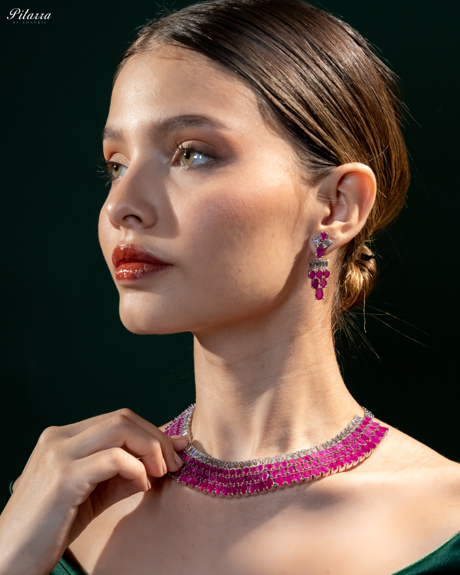 Pink Layer Silver CZ Necklace Set_Side Image