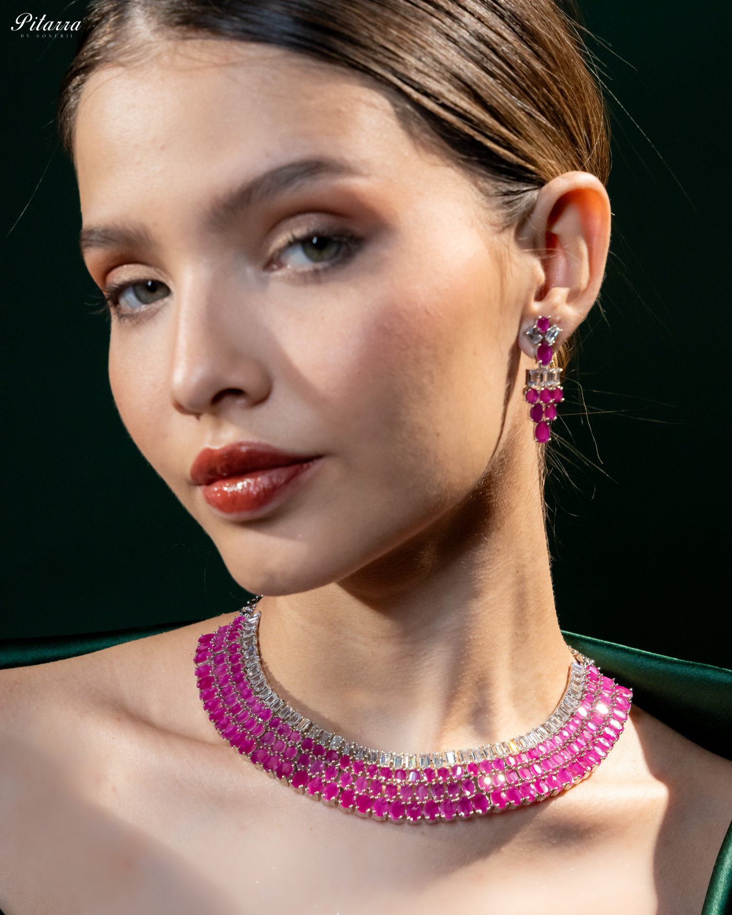 Pink Layer Silver CZ Necklace Set_Zoom Image