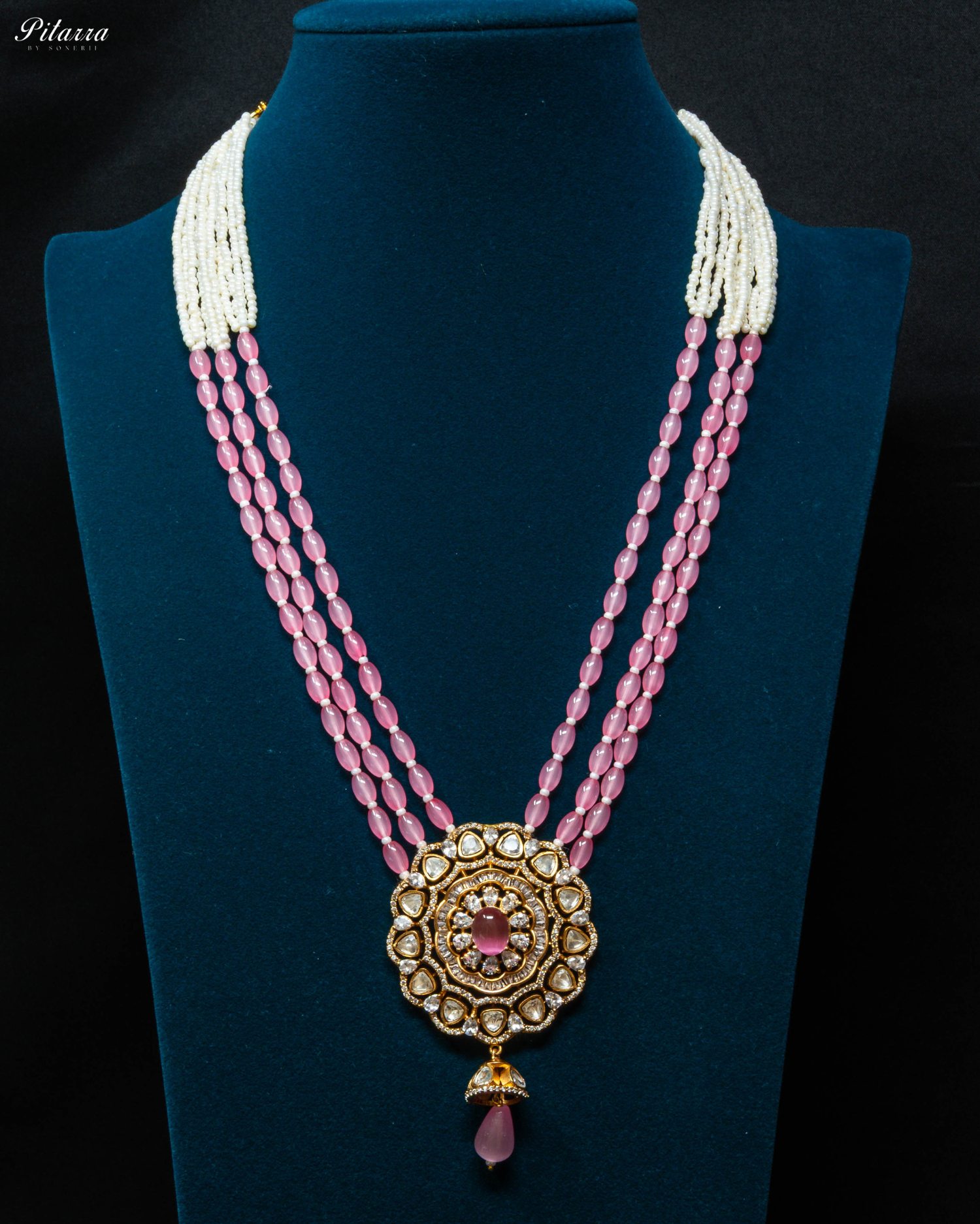 Pink Multi Layered Beads Long Kundan Necklace_Front Image