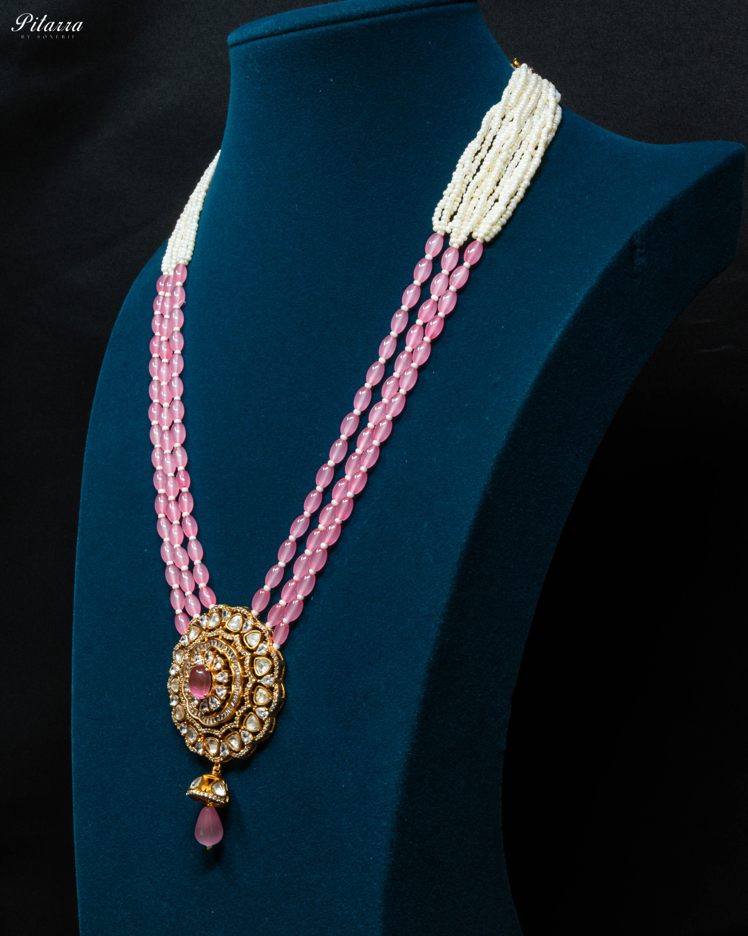 Pink Multi Layered Beads Long Kundan Necklace_Side Angle