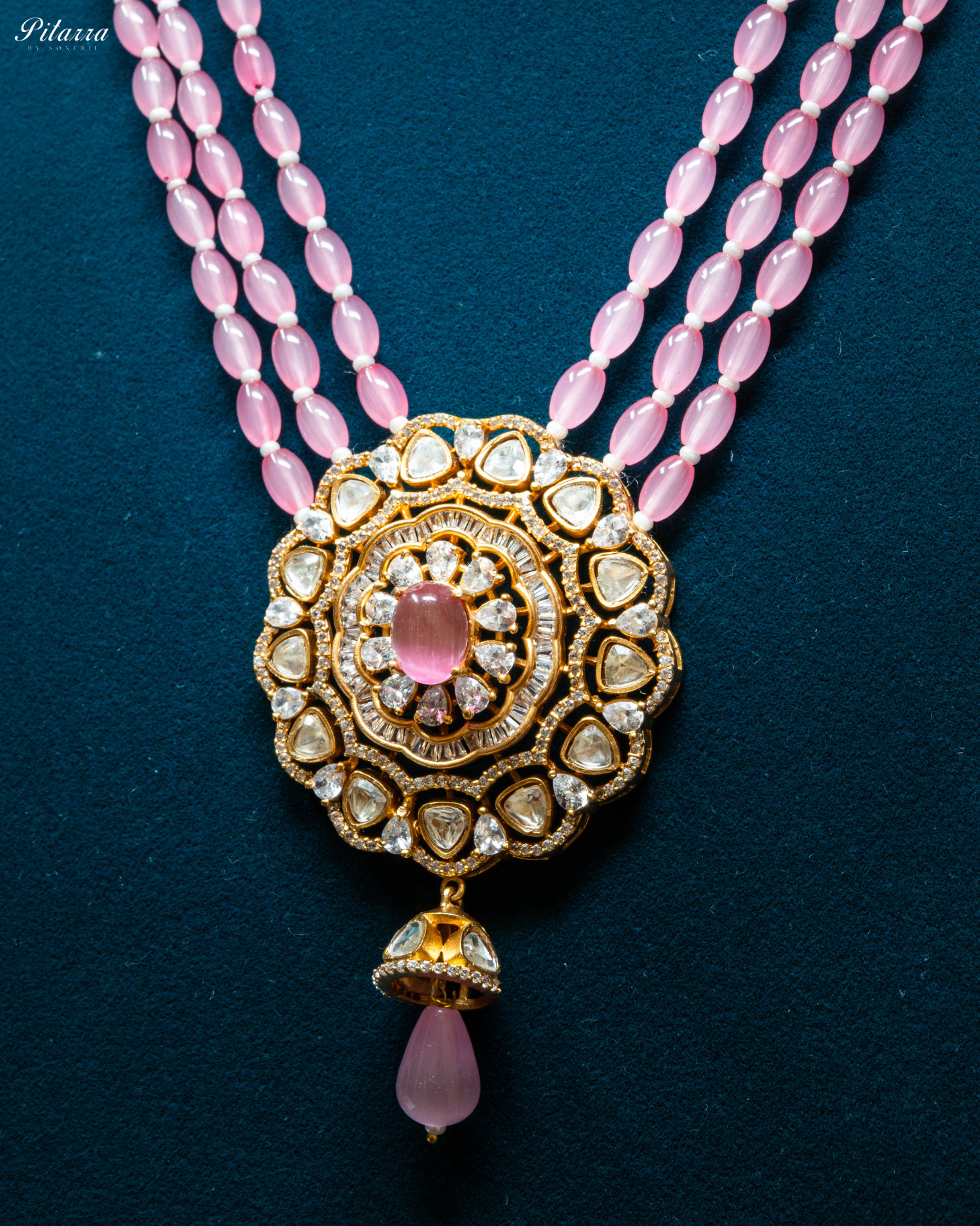 Pink Multi Layered Beads Long Kundan Necklace_Zoom Angle