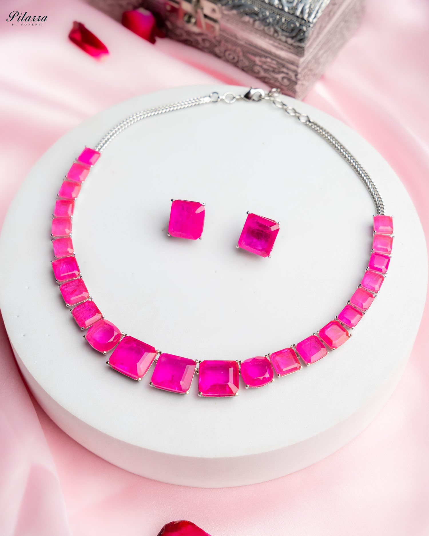 Pink Square Cubic Zirconia Necklace Set_Main Image