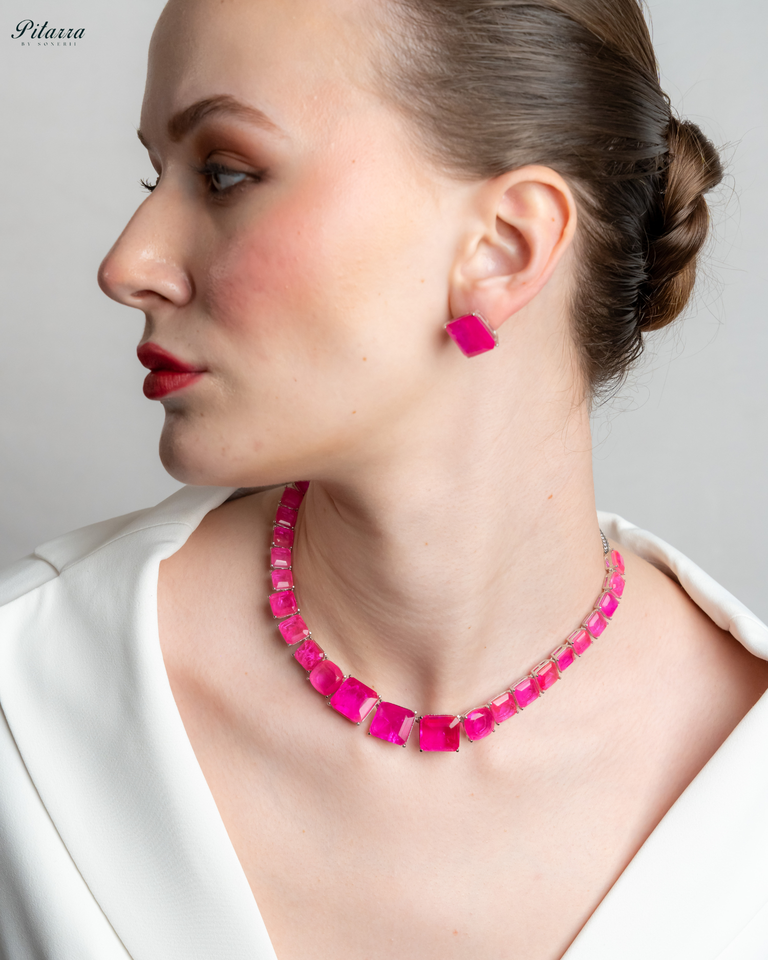Pink Square Cubic Zirconia Necklace Set_Side Image