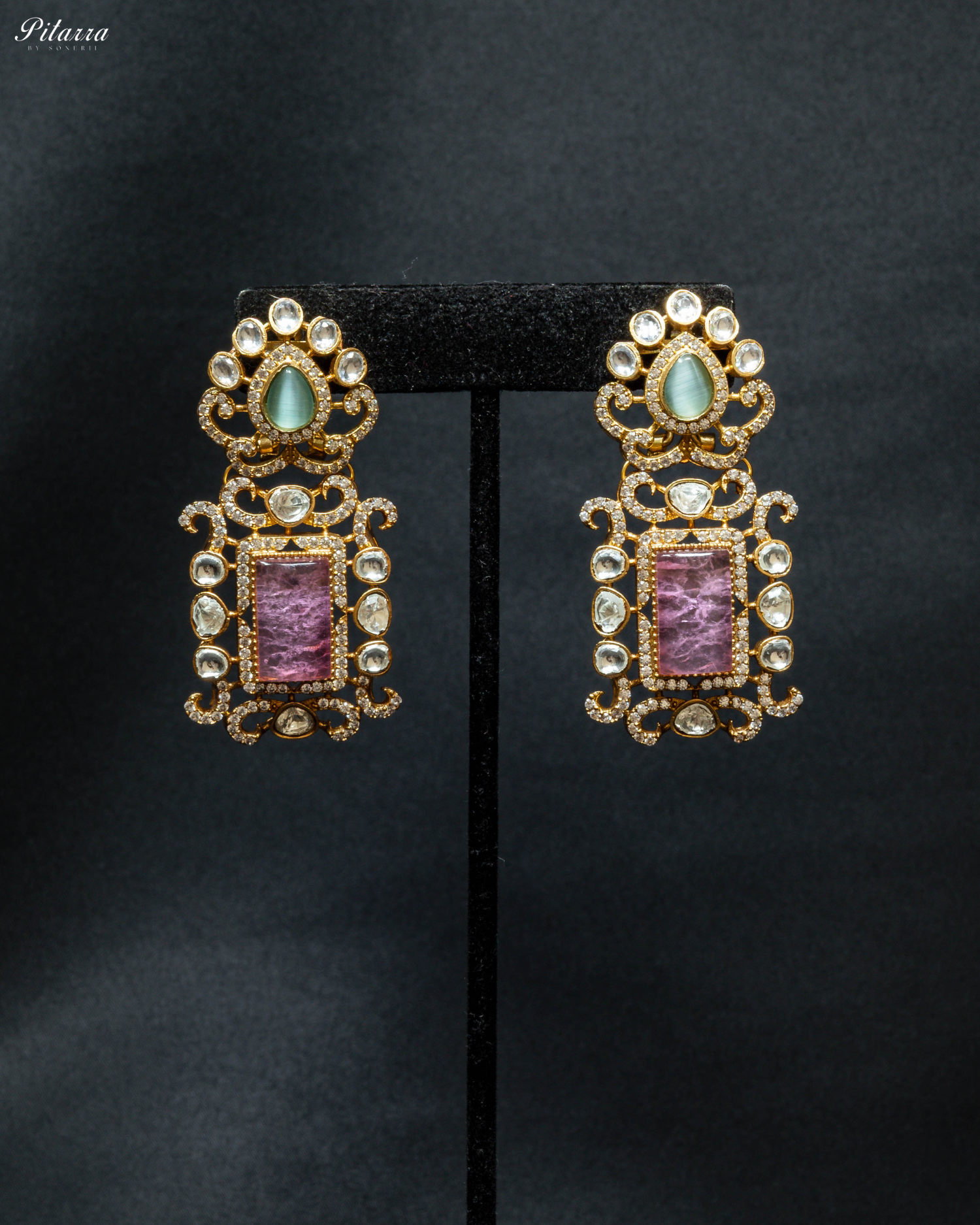 Pink Stone Green Beads Polki Kundan Necklace Set_Earrings