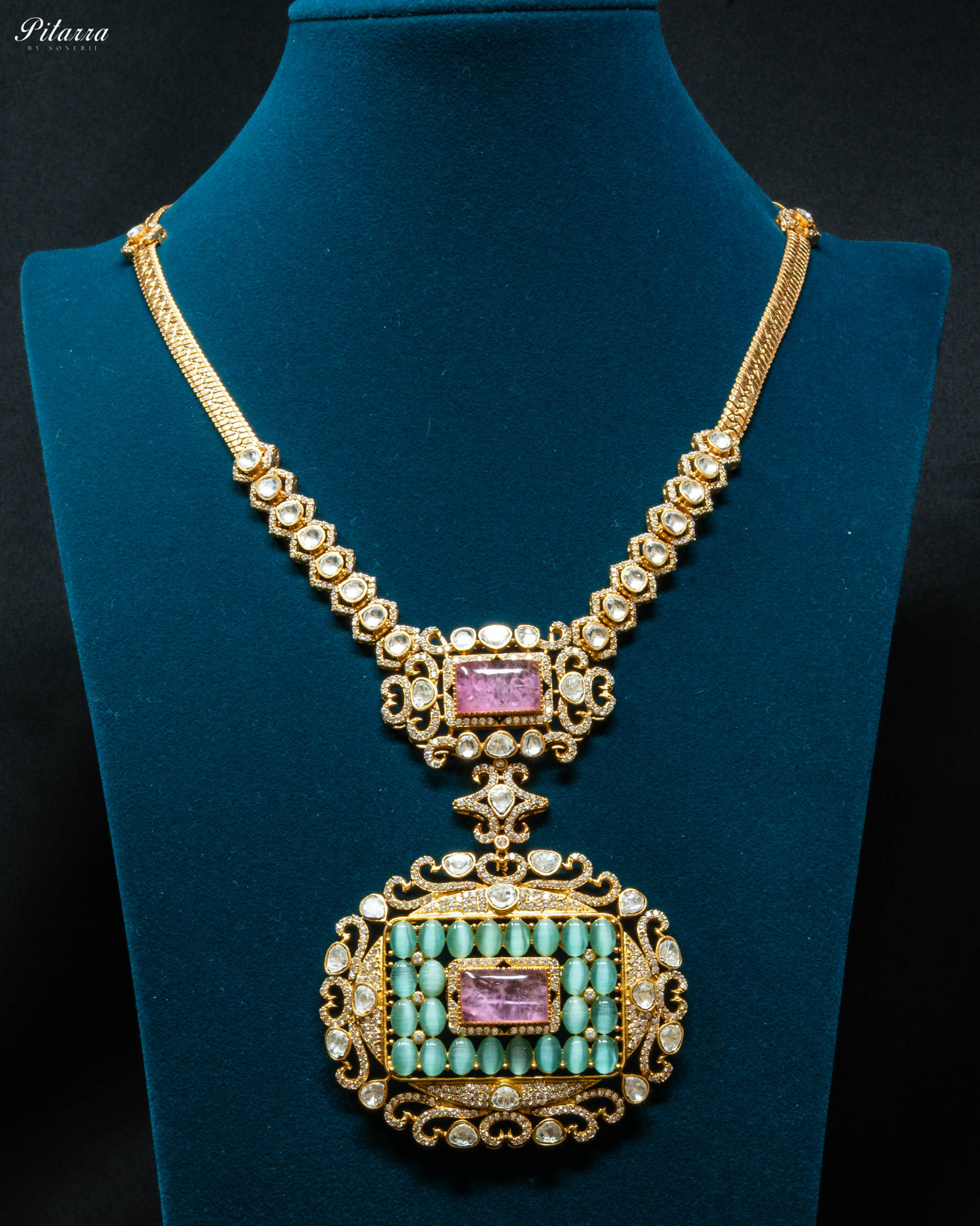 Pink Stone Green Beads Polki Kundan Necklace Set_Front Image