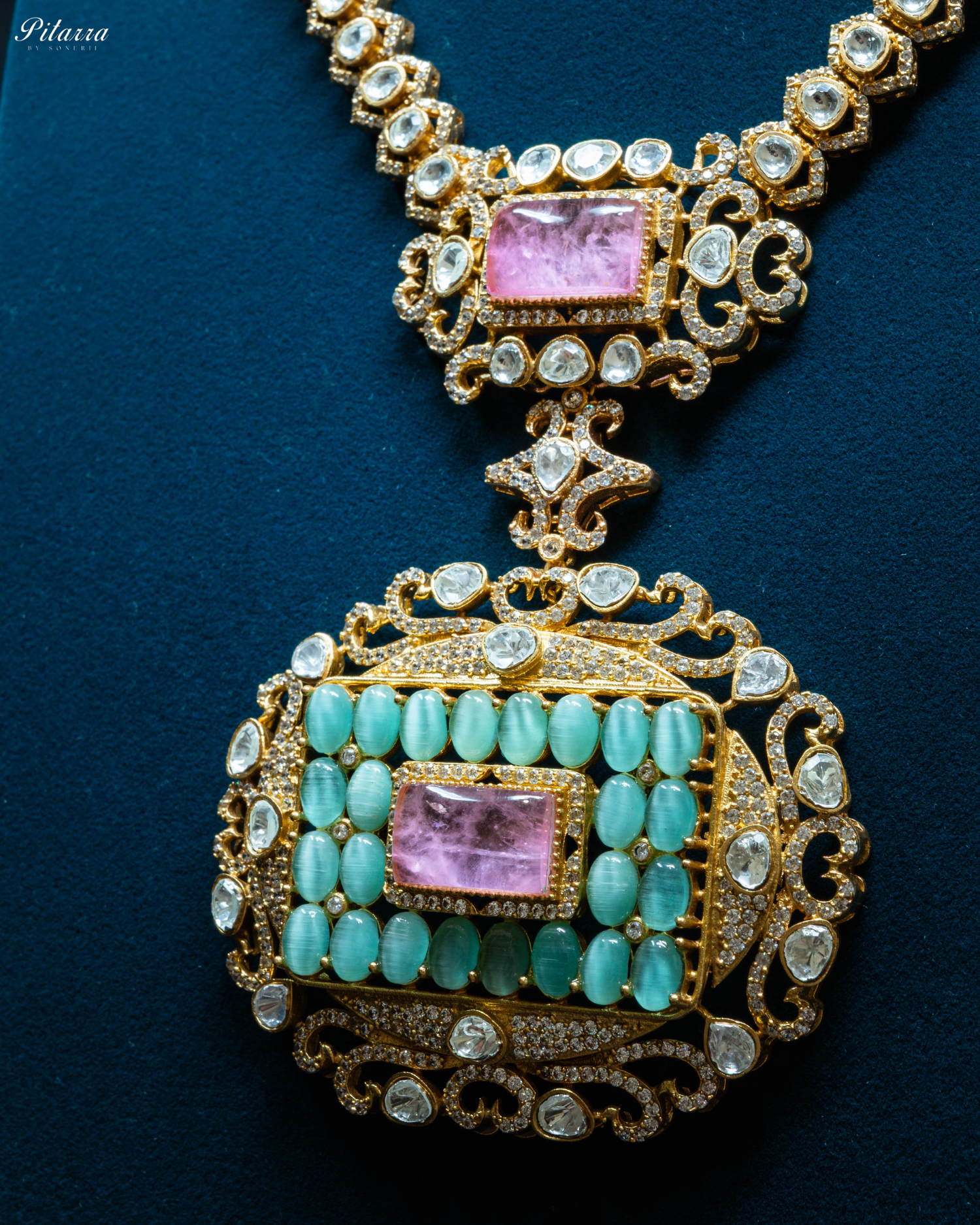 Pink Stone Green Beads Polki Kundan Necklace Set_Zoom Angle