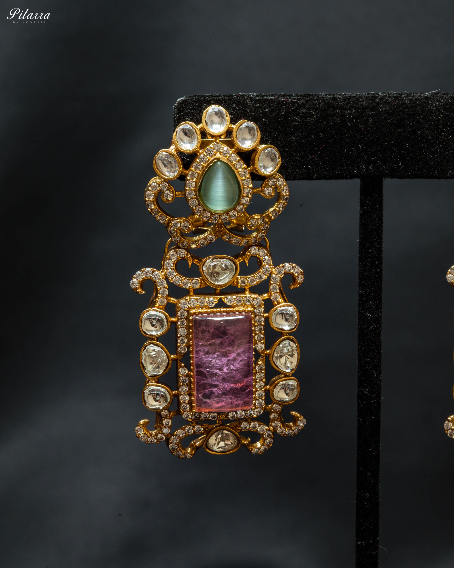 Pink Stone Green Beads Polki Kundan Necklace Set_Zoom Earrings