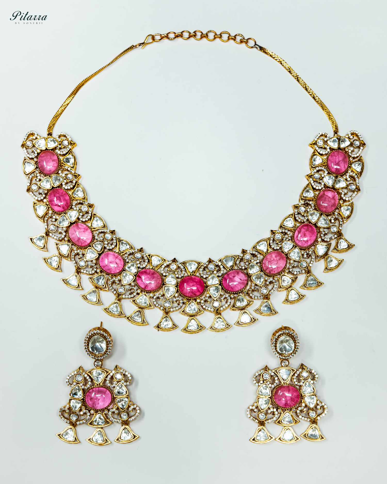 Pink Stone Uncut Traditional Kundan Choker Set_White Background