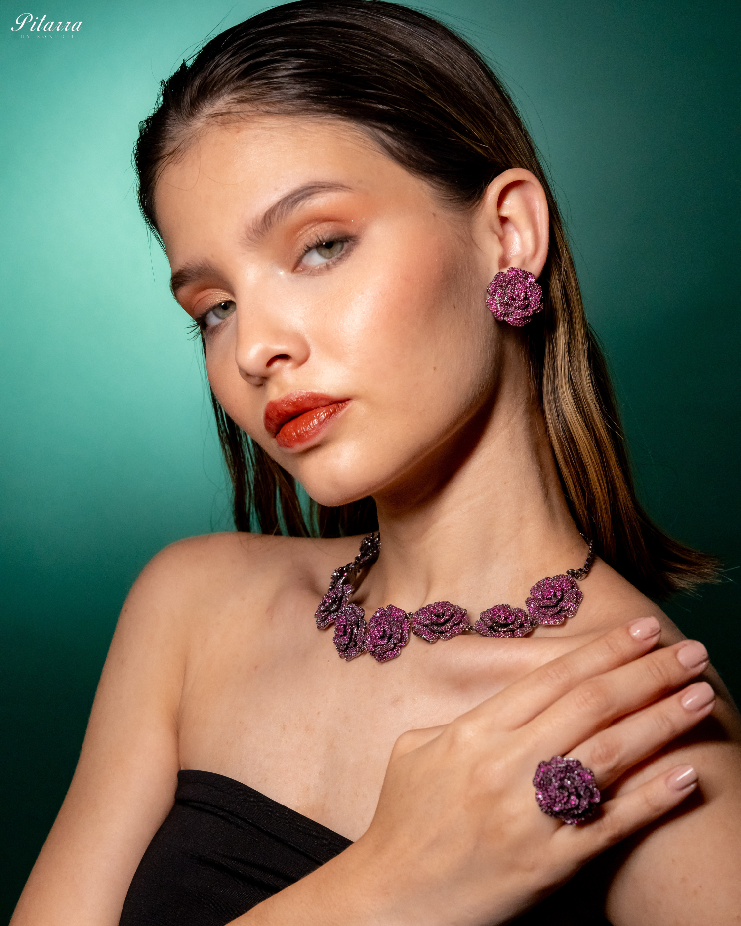 Pink Tone Flower CZ Choker Set with Ring_Side Pose