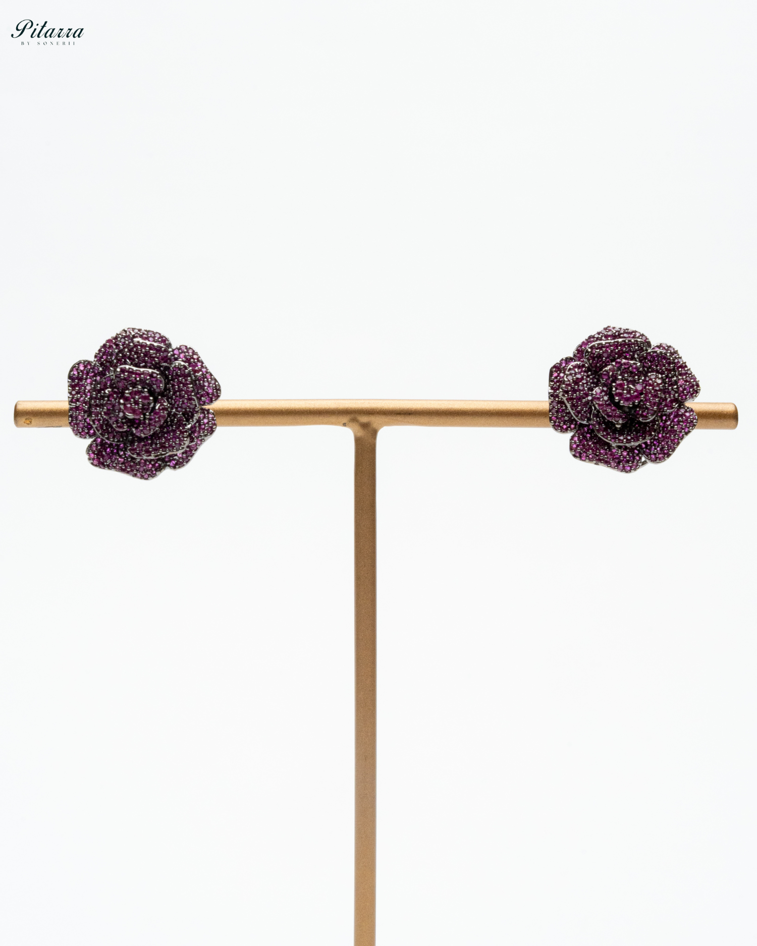  Pink Tone Flower CZ Choker Set with Ring_White Background Earrings