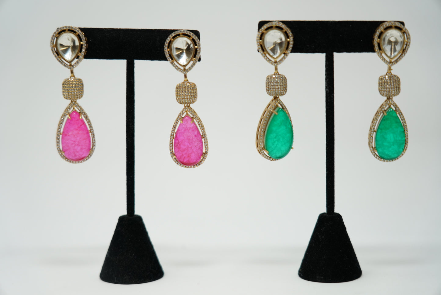Premium Gold & Pink Toned Crystal Teardrop Shaped Earrings