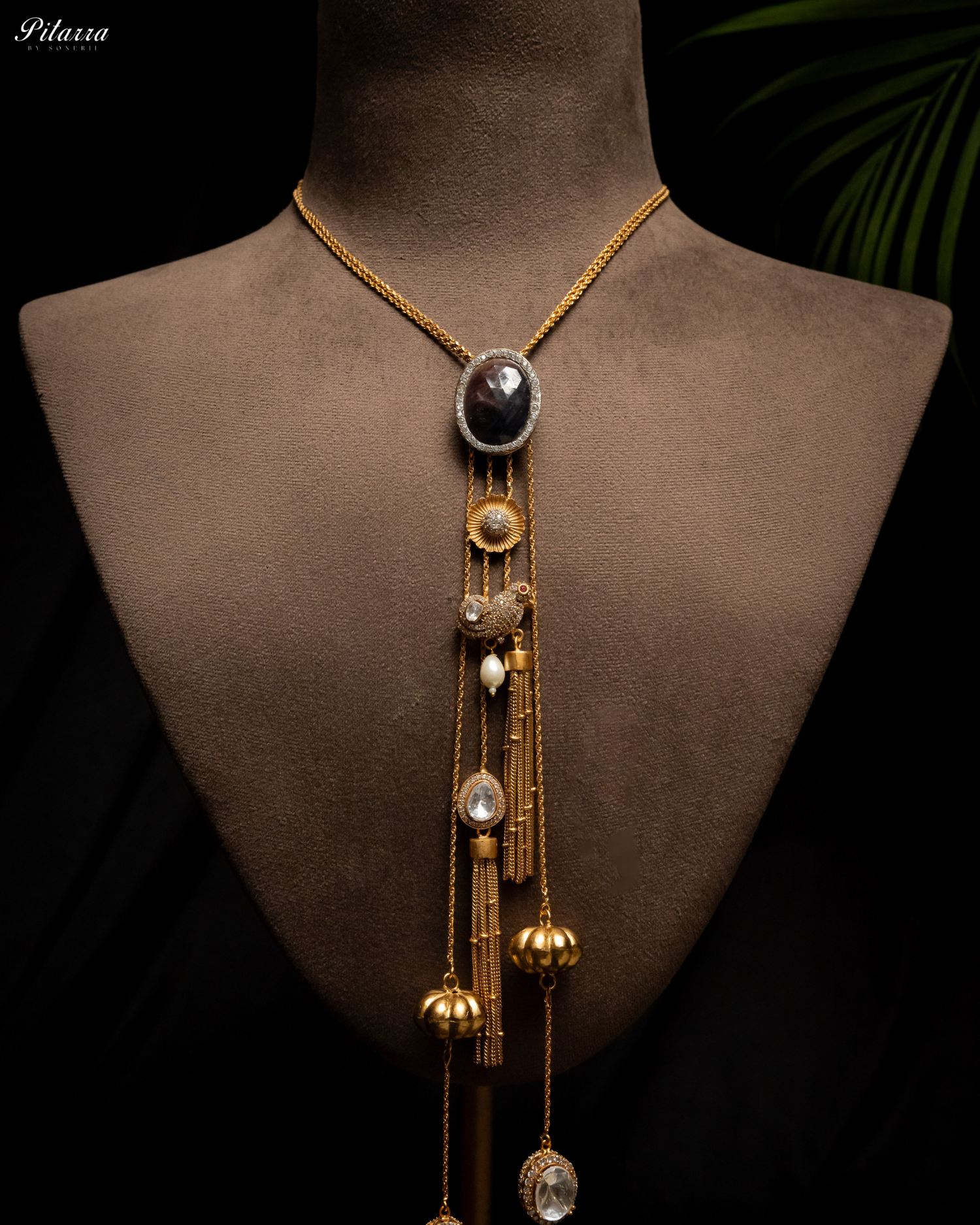 Pitarra Blue Stone Golden Chain Neccklace Set_Front Angle