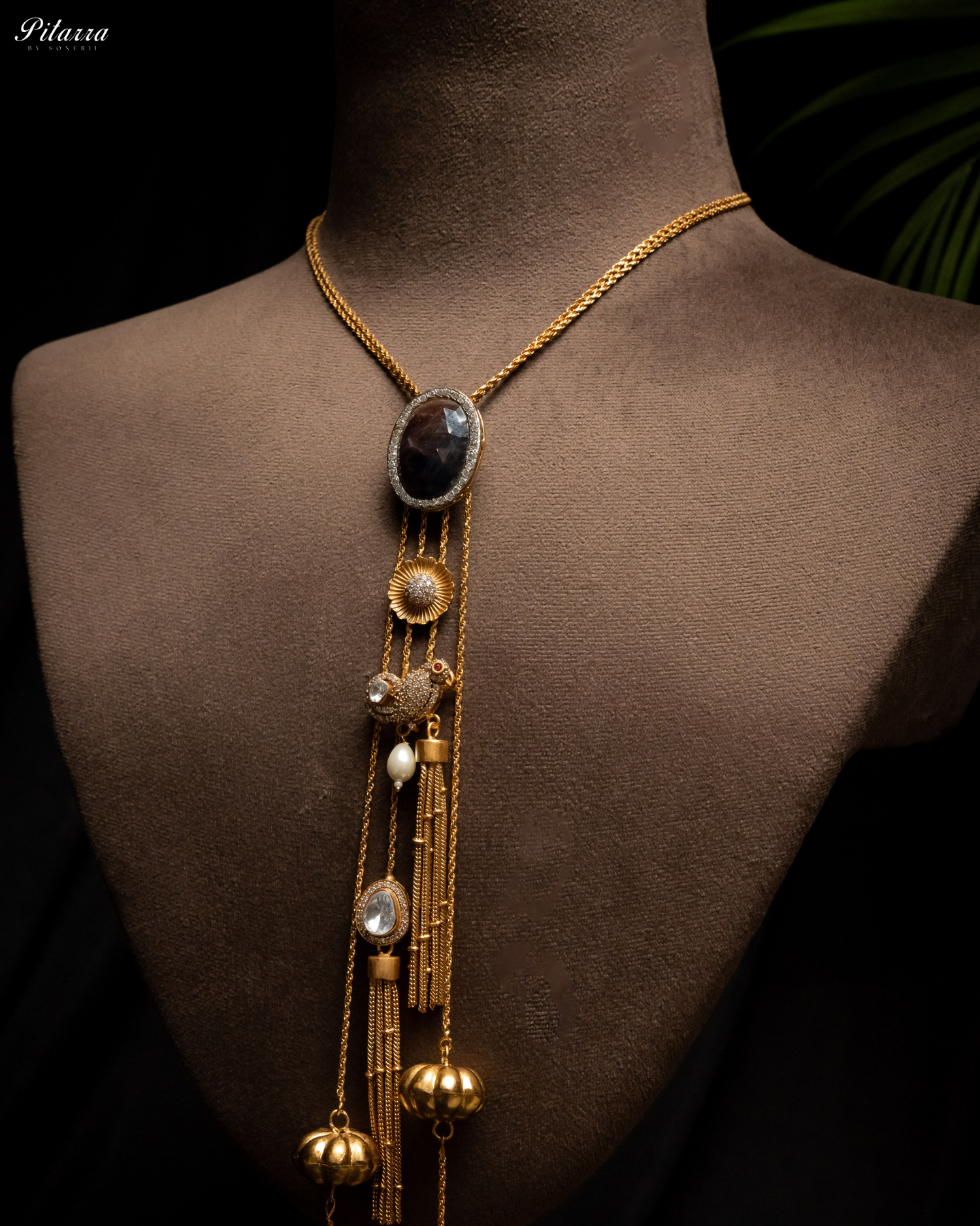Pitarra Blue Stone Golden Chain Neccklace Set_Side Angle